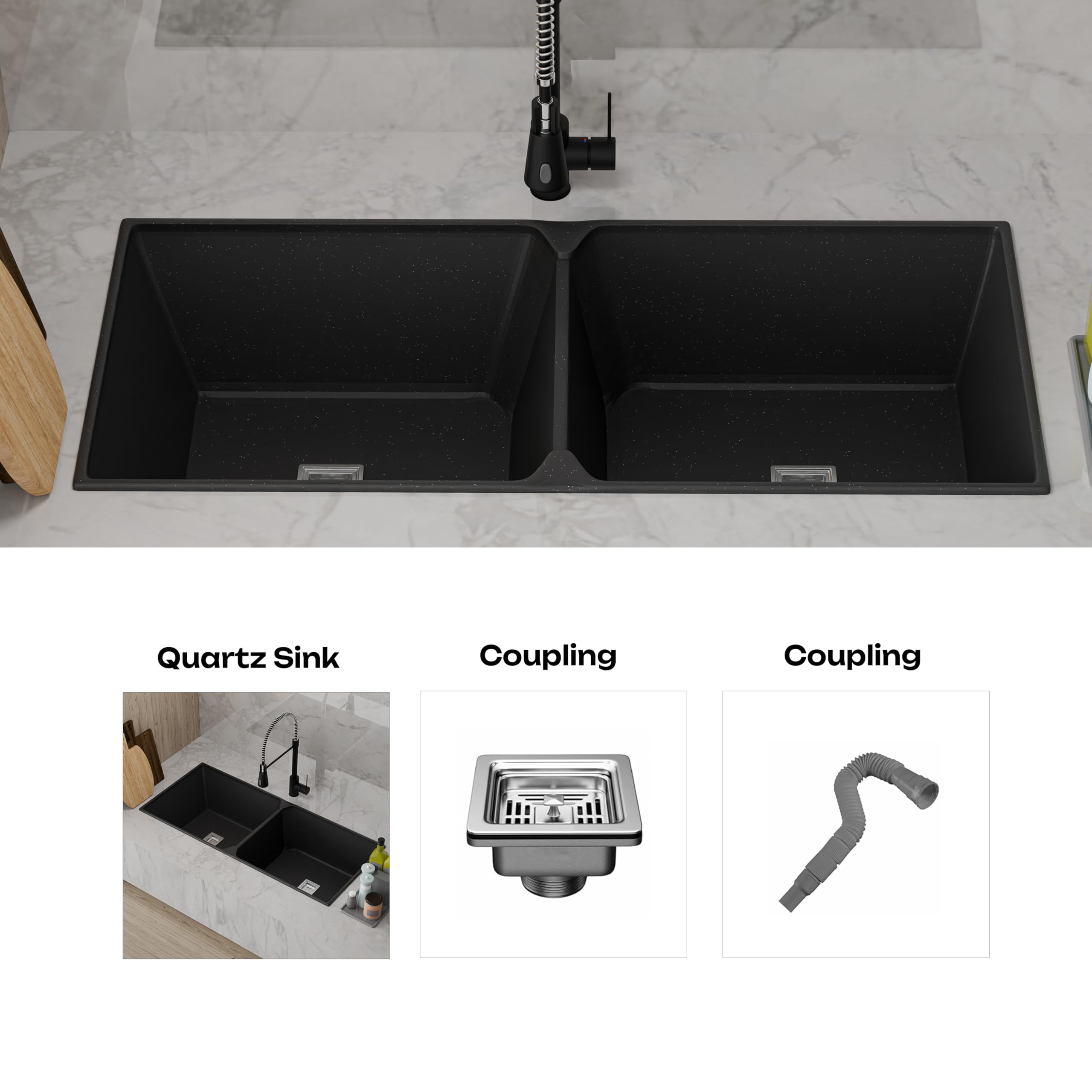 HISRE Double Bowl Quartz Kitchen Sink 45x20x9 Inches | Spacious Deep Basin, Durable Scratch-Resistant, Noise-Reducing, Easy-to-Clean Sink for Modern Kitchens | Black, photo 5 of 5