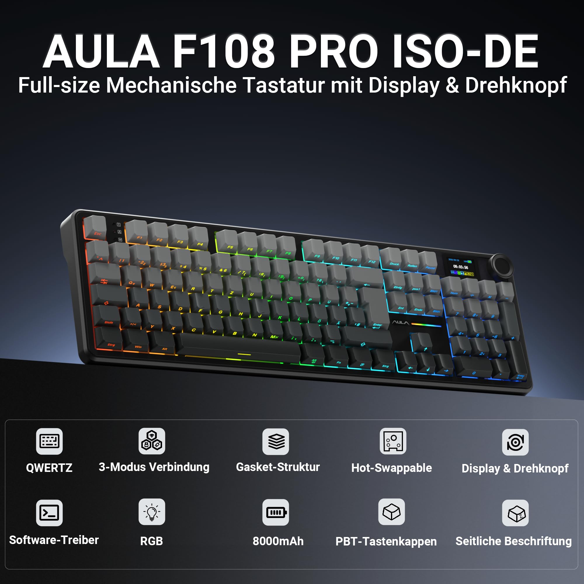 AULA F108 Pro Mechanische Tastatur QWERTZ,3-Modus(Kabel/2,4G/Bluetooth),Gasket-Struktur,Hot-Swap-fähig,LCD-Display & Drehknopf,RGB,8000mAh,100% deutsches Vollformat-für PC,Mac&Tablet (Grau)