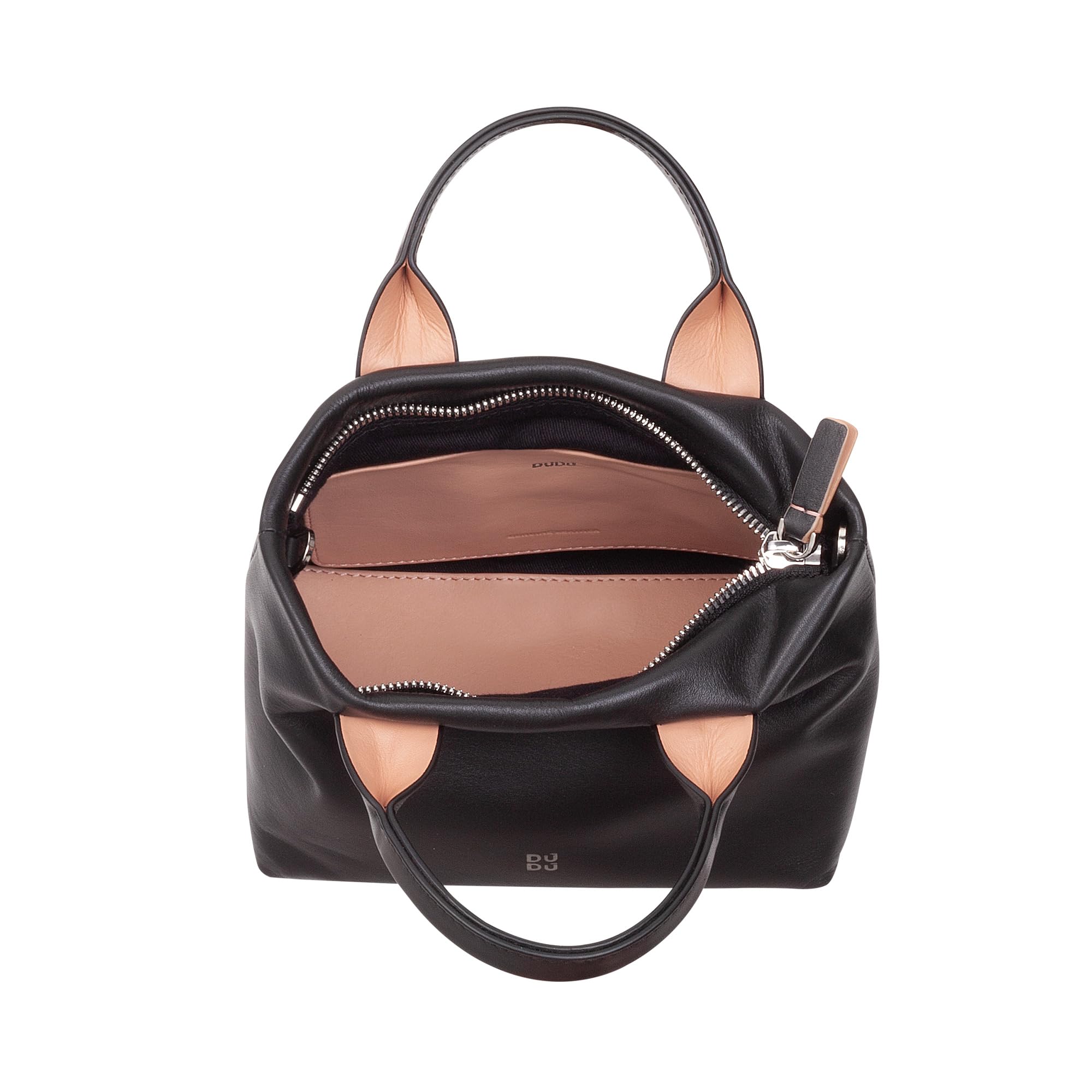 DUDU Bolso pequeño para Mujer de Hombro en Piel Genuina, Elegante minibolso de Noche, 22 x 13 cm, Asas Dobles, Bandolera de Cadena, Cierre con Cremallera Negro Rosa