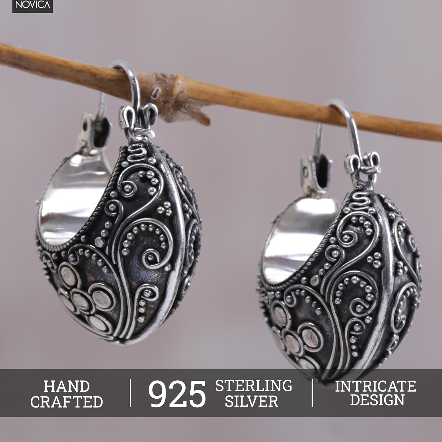 NOVICA Artisan Handmade .925 Sterling Silver Hoop Earrings Floral Indonesia 'Bali Paradise'