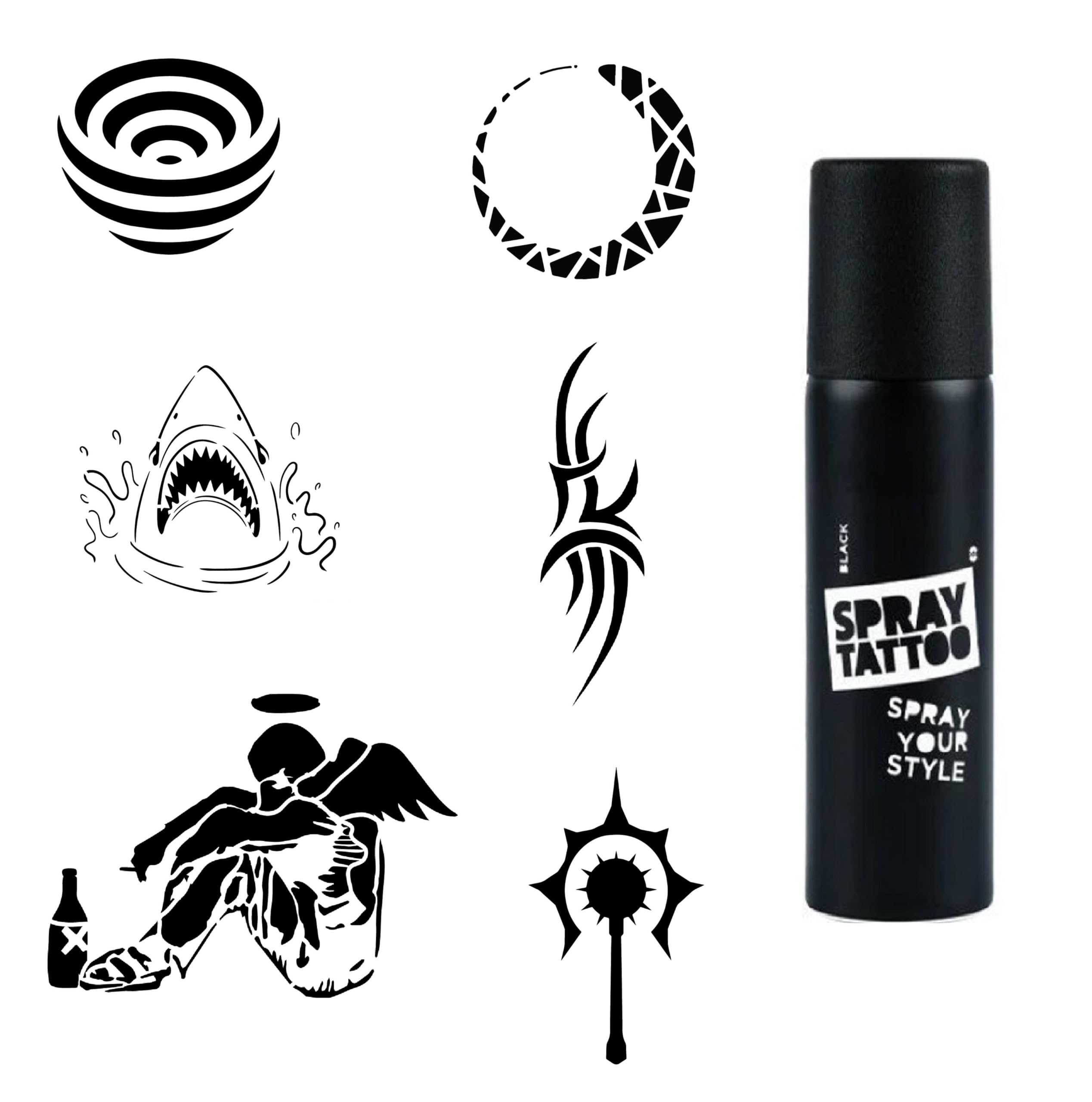 Efkar ve Şerit Spray Tattoo Geçici Dövme Seti Dark Siyah Sprey
