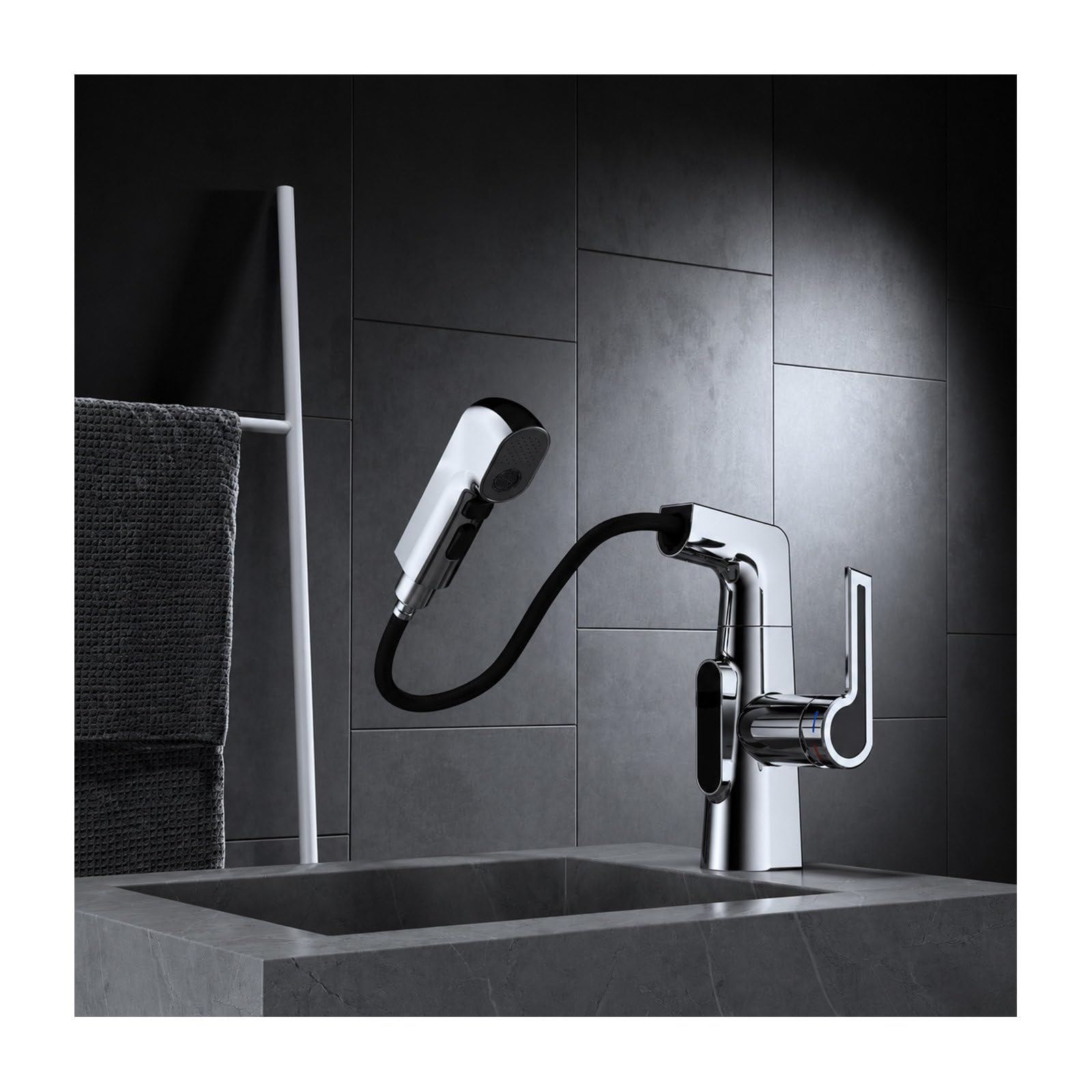 Grifo Lavabo Extraíble de Baño, Grifo de Altura Regulable con 3 Modos de Chorro, Mezclador Giratorio 360° de Latón Monomando, Agua Fría y Caliente, con Latiguillos Incluidos