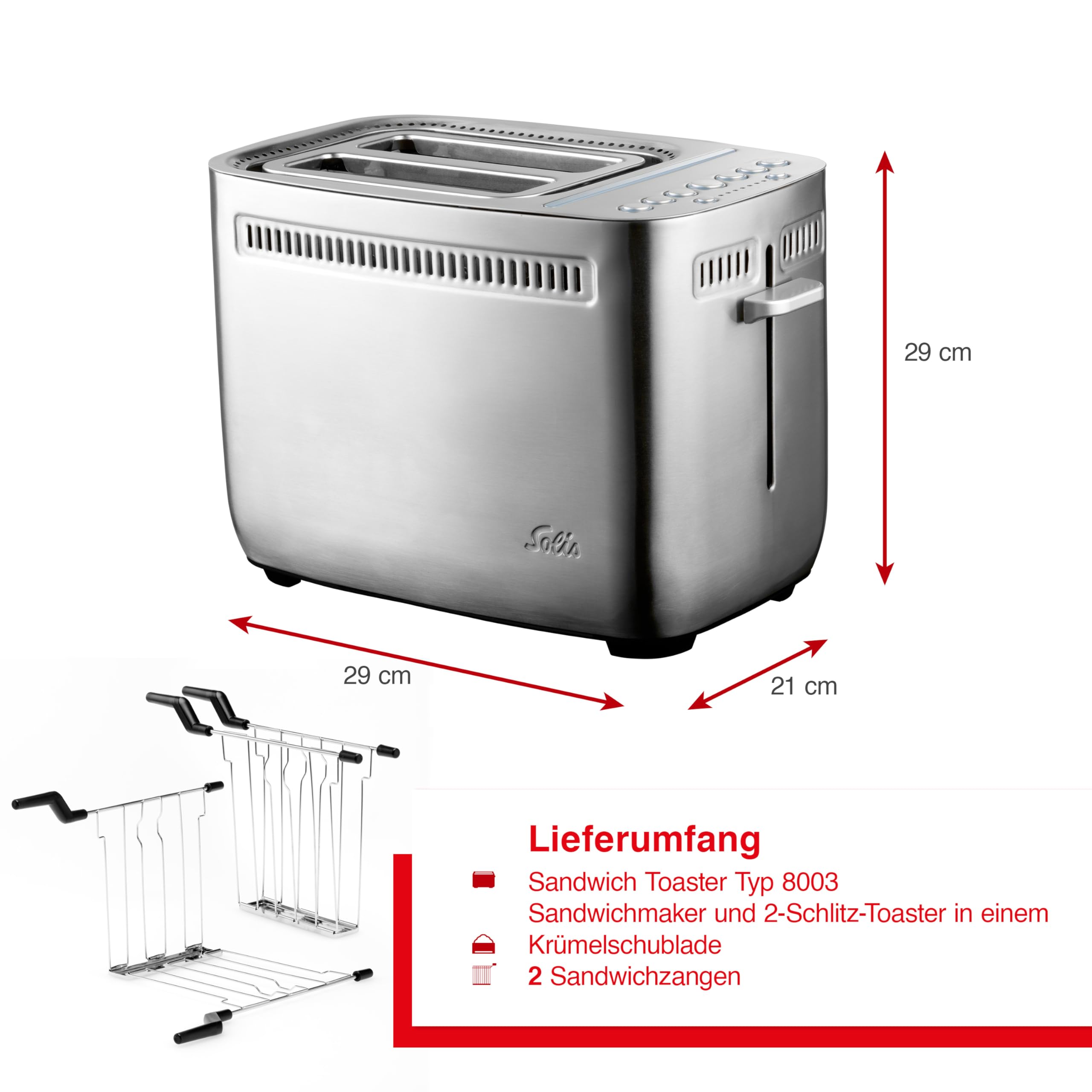 Solis Sandwich Toaster 8003 Toster do tostów - Nadziewane tosty - Funkcja turbo - Funkcja bajgla - Bardzo szerokie szczeliny - 7 poziomów złocenia - w tym 2 zaciski do kanapek