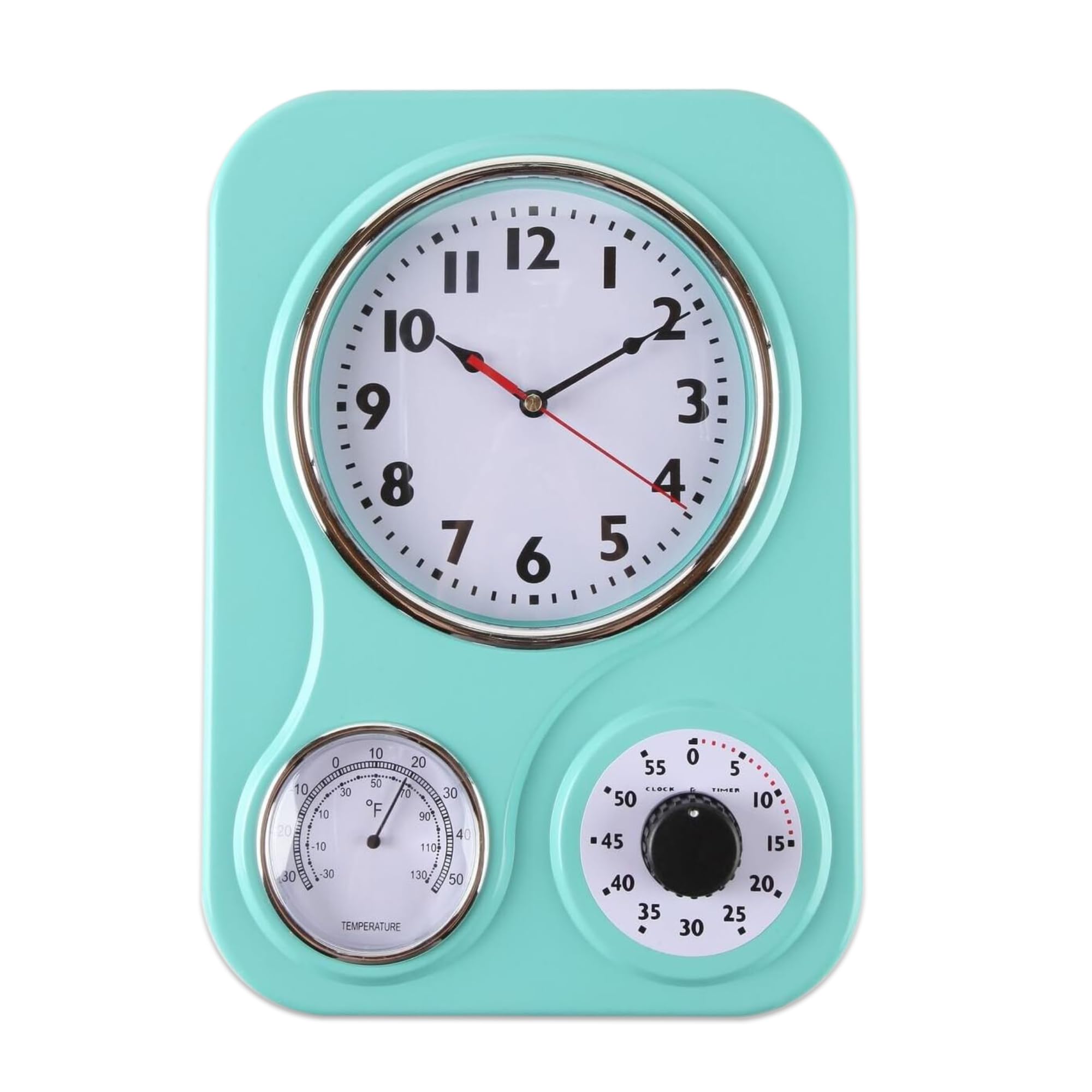 Lily's Home Retro Kitchen Wall Clock with Thermometer and 60 Minute Timer, Perfect for Any Kitchen, Turquoise (9.5 in x 13.3 in)