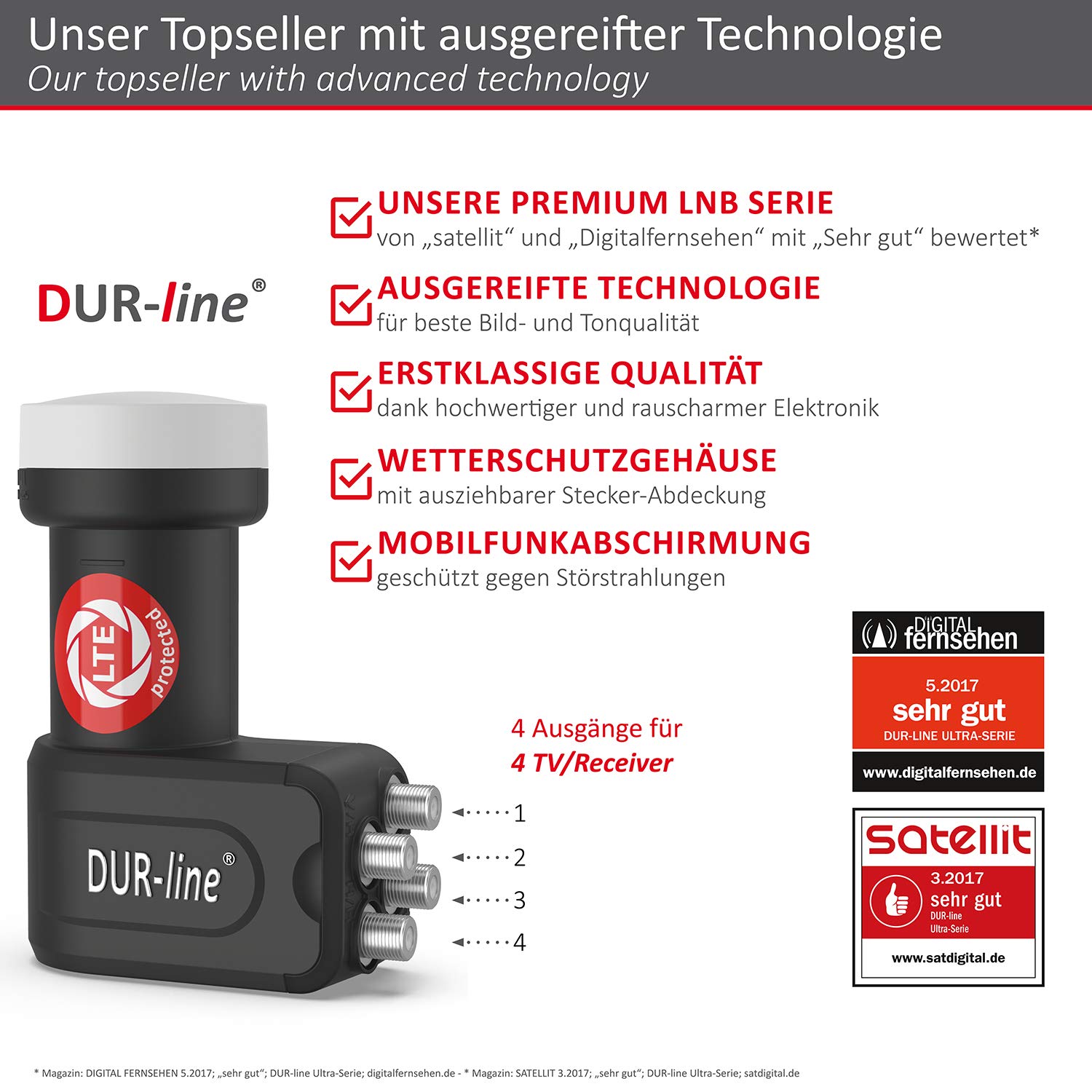 DUR-line MDA 80 Anthrazit - Digiatale 4 Teilnehmer Satellitenschüssel Komplett-Anlage mit +Ultra Quad - LNB [Camping, Astra 19,2°, DVB-S/S2, Full HD, 4K, 3D]