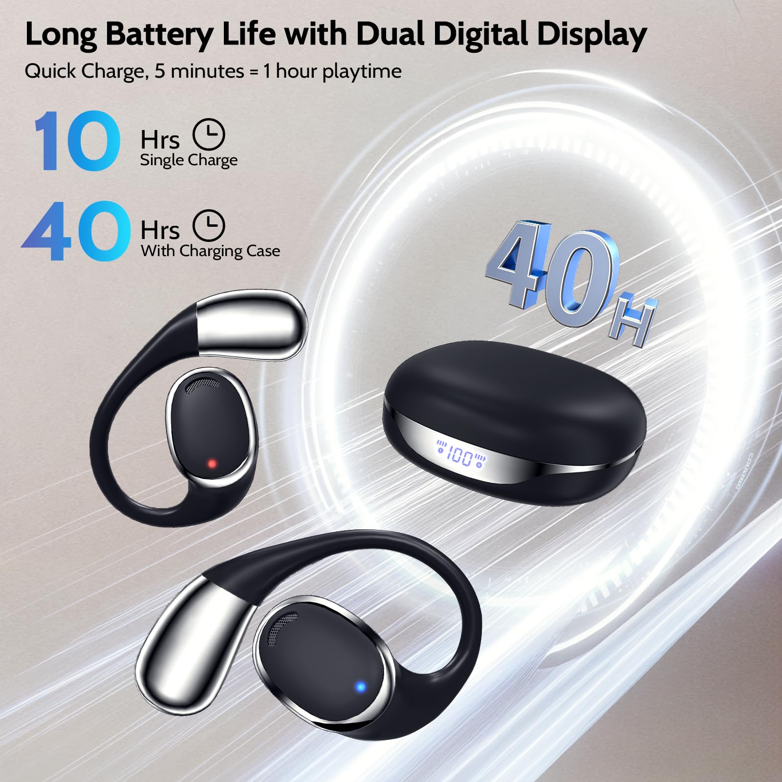 Auriculares abiertos inalámbricos 5.3 Bluetooth con pantalla LED IP55 impermeables, auriculares inalámbricos con control táctil para correr, ciclismo, senderismo, gimnasio