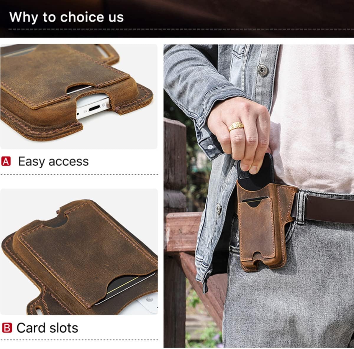 Leather Phone Case Waist Belt Bag, Men Travel Sport Cell Phone Waist Pouch Holder with Card Slot, Outdoor Carrying Case for iPhone 14Pro Max/13 Pro Max/11Pro max/XS Max/Huawei P50/P50 Pro Brown1 L