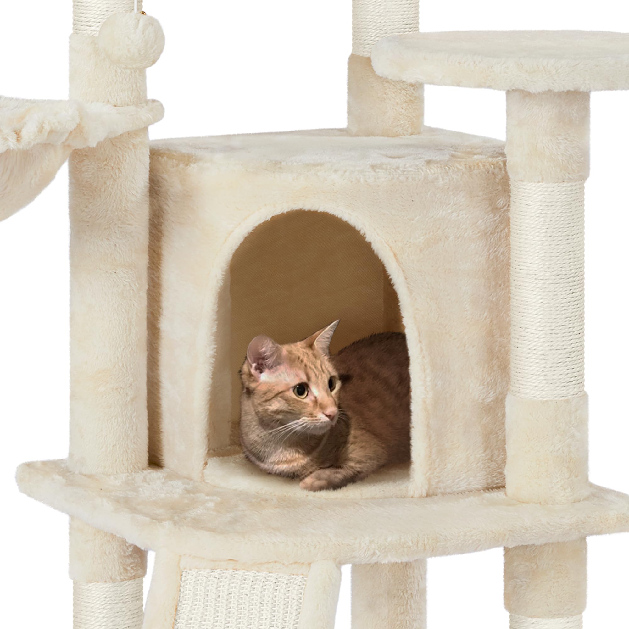 Tiragraffi per Gatti Alto 106 cm Albero per Gatti Multilivello in Peluche con 2 Trespoli 1 Grotta 1 Cestino 5 Pali in Sisal e 1 Pompon Beige