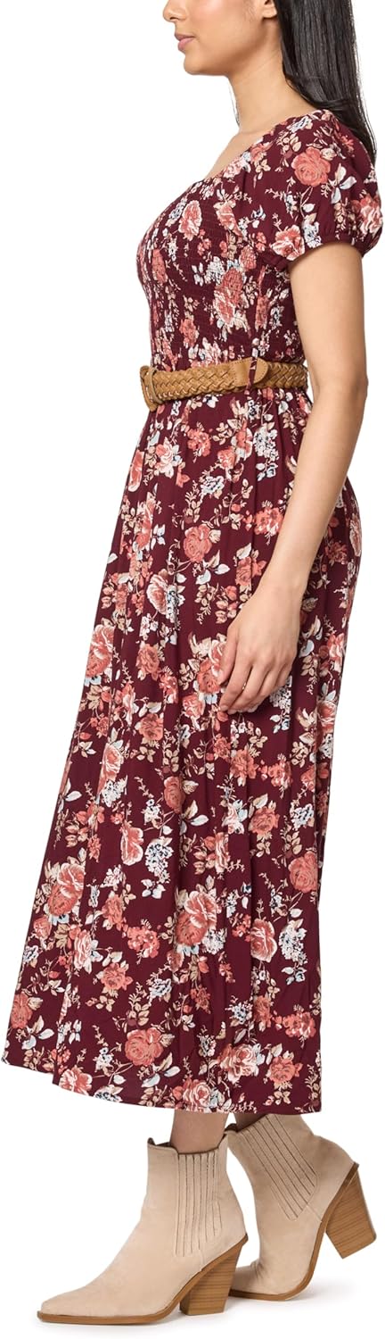 WallFlower Womens Alma Rayon Challis Puff Sleeve Smocked Belted Maxi Dress - Image 3