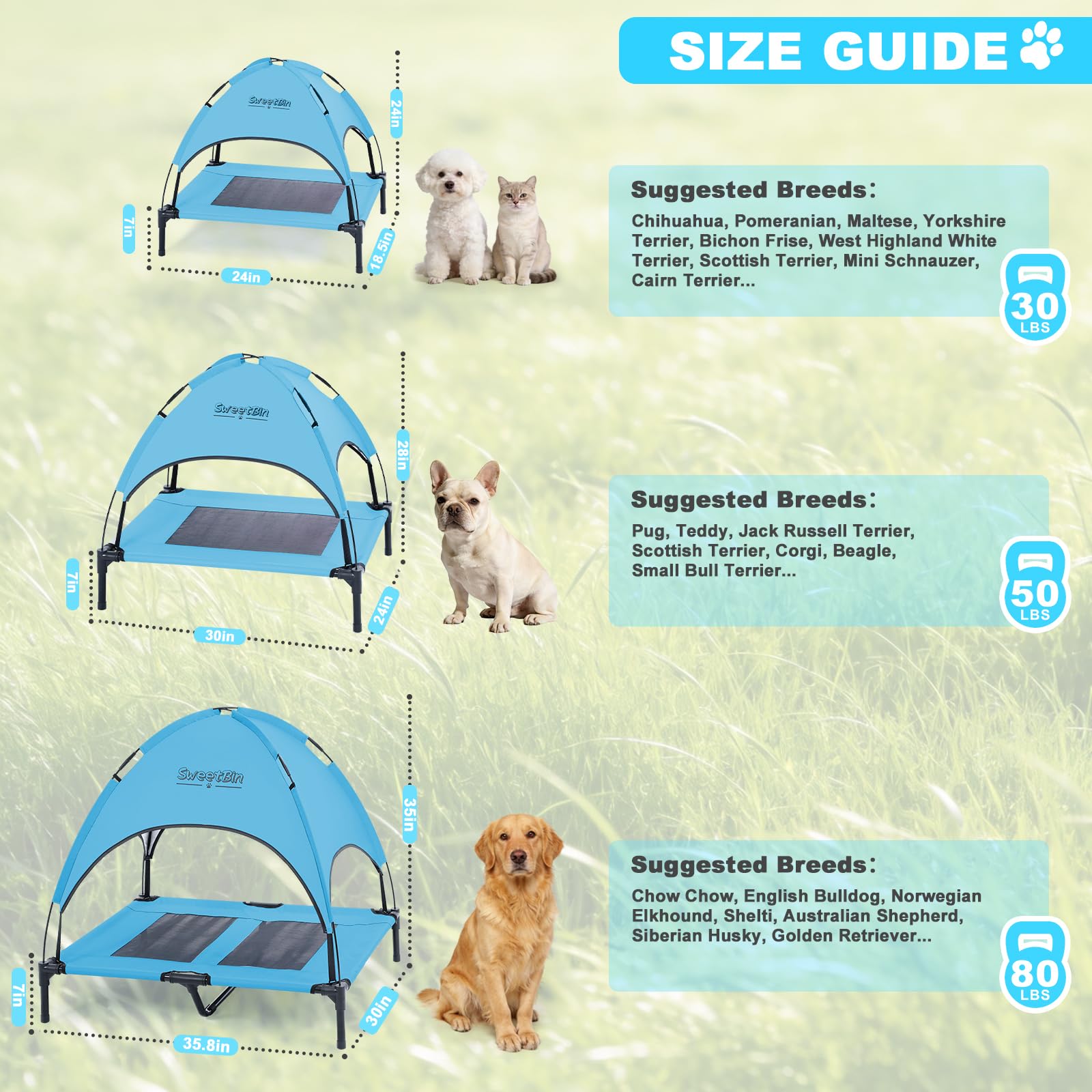 Cuna elevada para perros S/M/L con toldo y sombra lateral para acampar perros pequeños y medianos (bolsa de transporte), cama elevada portátil para perros con y lateral para la playa
