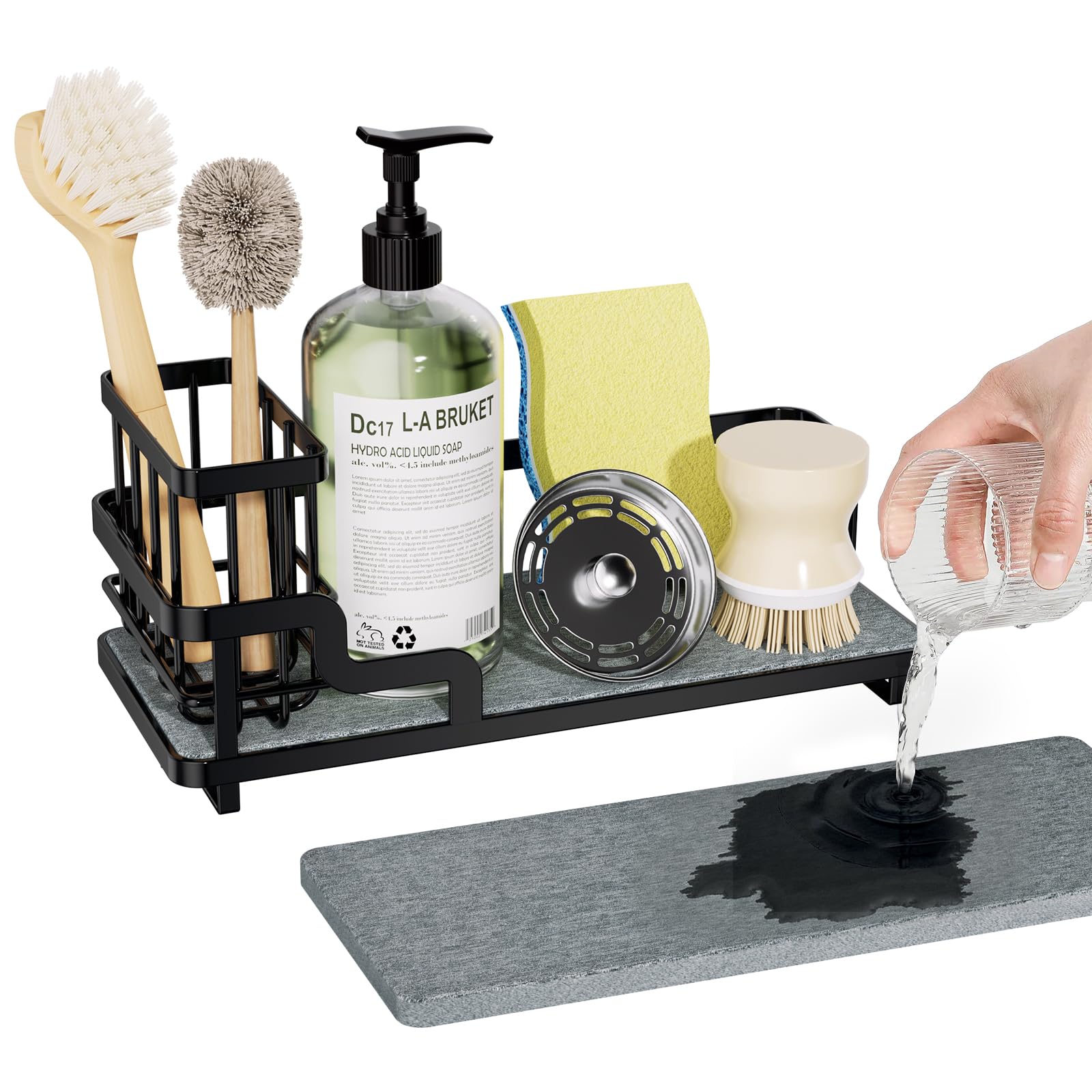 Consumest Sponge Holder for Kitchen Sink - Sink Caddy Organizer with Water Absorbing Stone Tray Detachable Brush Holder