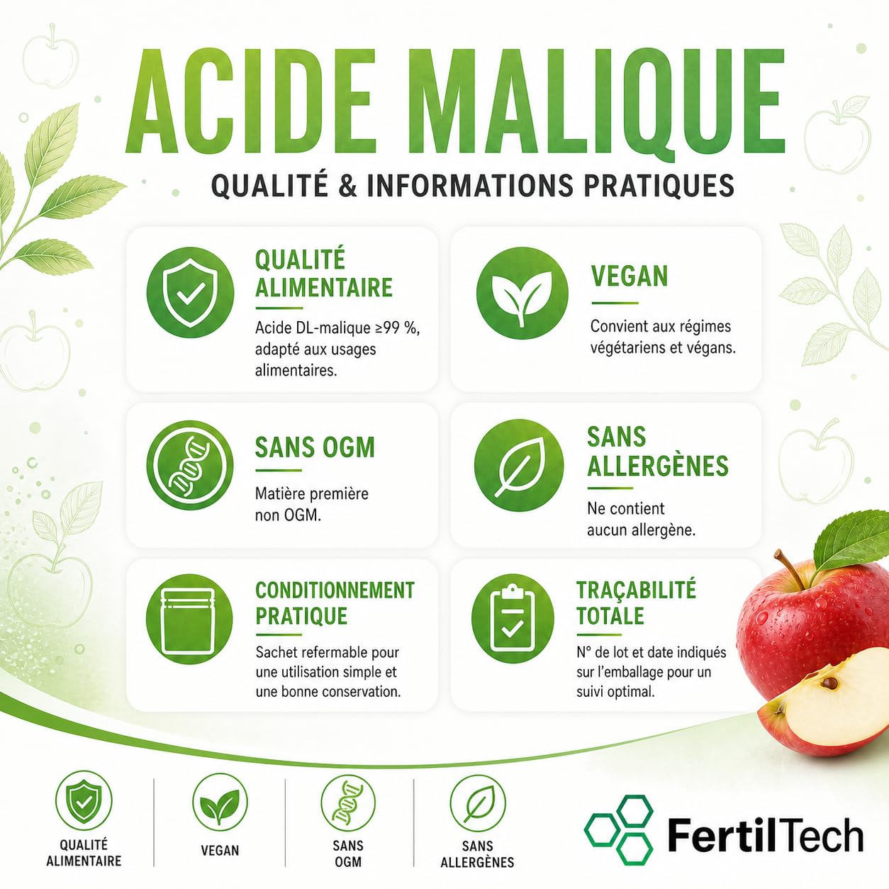 FertilTech Acide Malique Alimentaire 750 g Acidifiant Naturel Qualité Alimentaire Pour Boissons Confiseries et Pâtisseries Goût Acidulé Fruité Convient aux Recettes Maison Formule Vegan