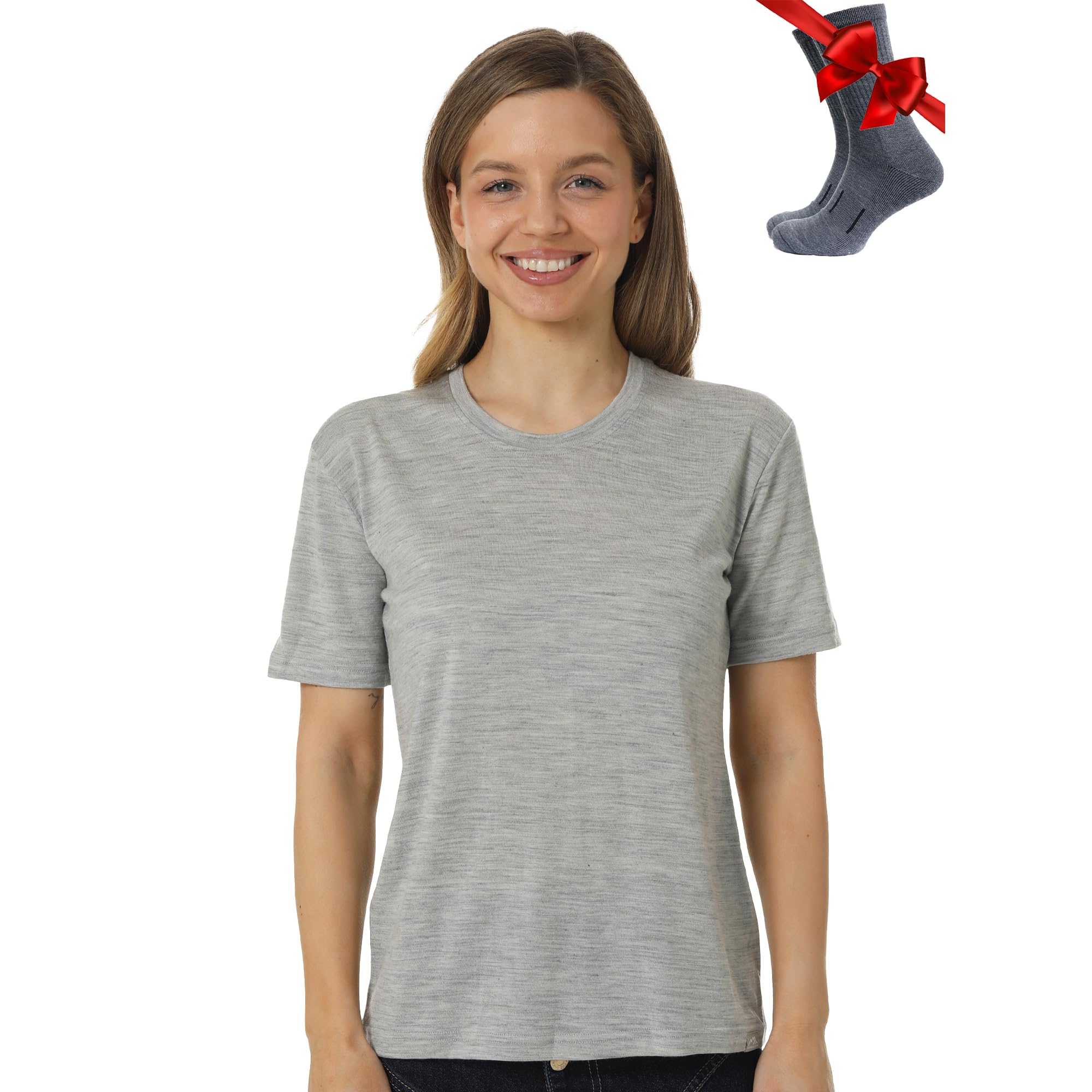 Merino.tech Women's Heather Grey Crewneck Merino Wool T Shirt - 100% Merino Wool Base Layer Short Sleeve Tee + Hiking Socks (Medium, )