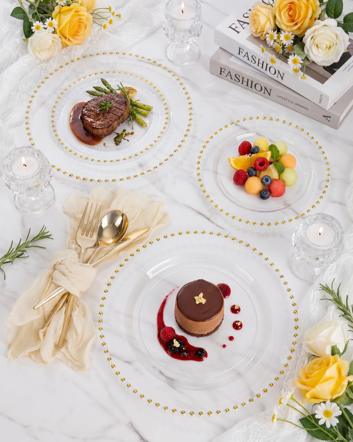 supernal Service de table doré transparent 180 pièces pour fête de mariage | Assiettes en plastique transparent avec bord perlé doré, assiettes jetables élégantes avec argenterie en plastique doré et