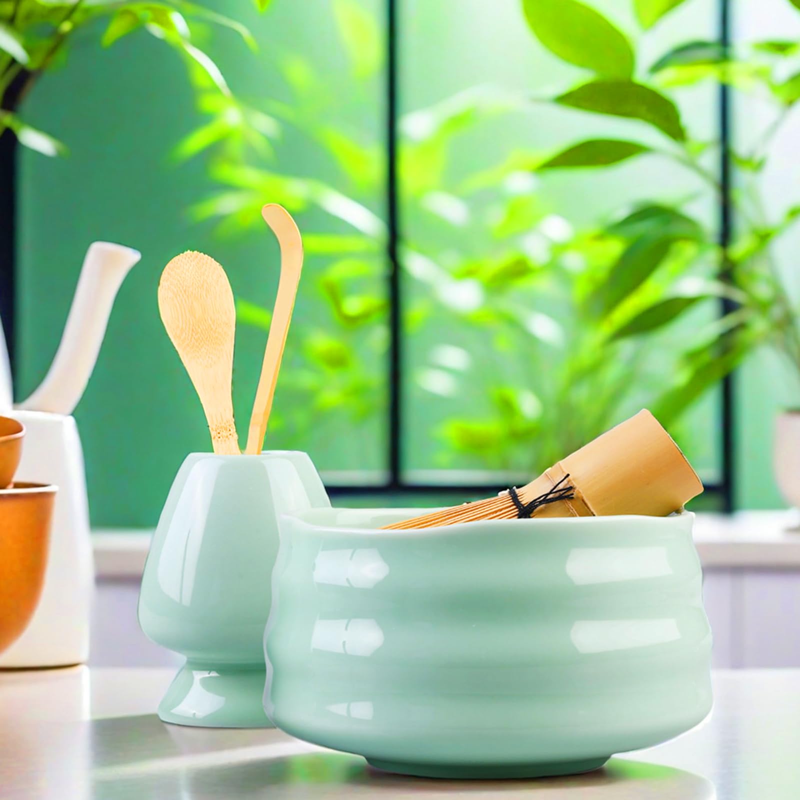 BORDEAG Matcha, set di accessori matcha, scopa matcha, con frusta matcha, porta scopa, ciotola matcha, ciotola in ceramica, 2 cucchiaini, accessori per tè matcha di alta qualità