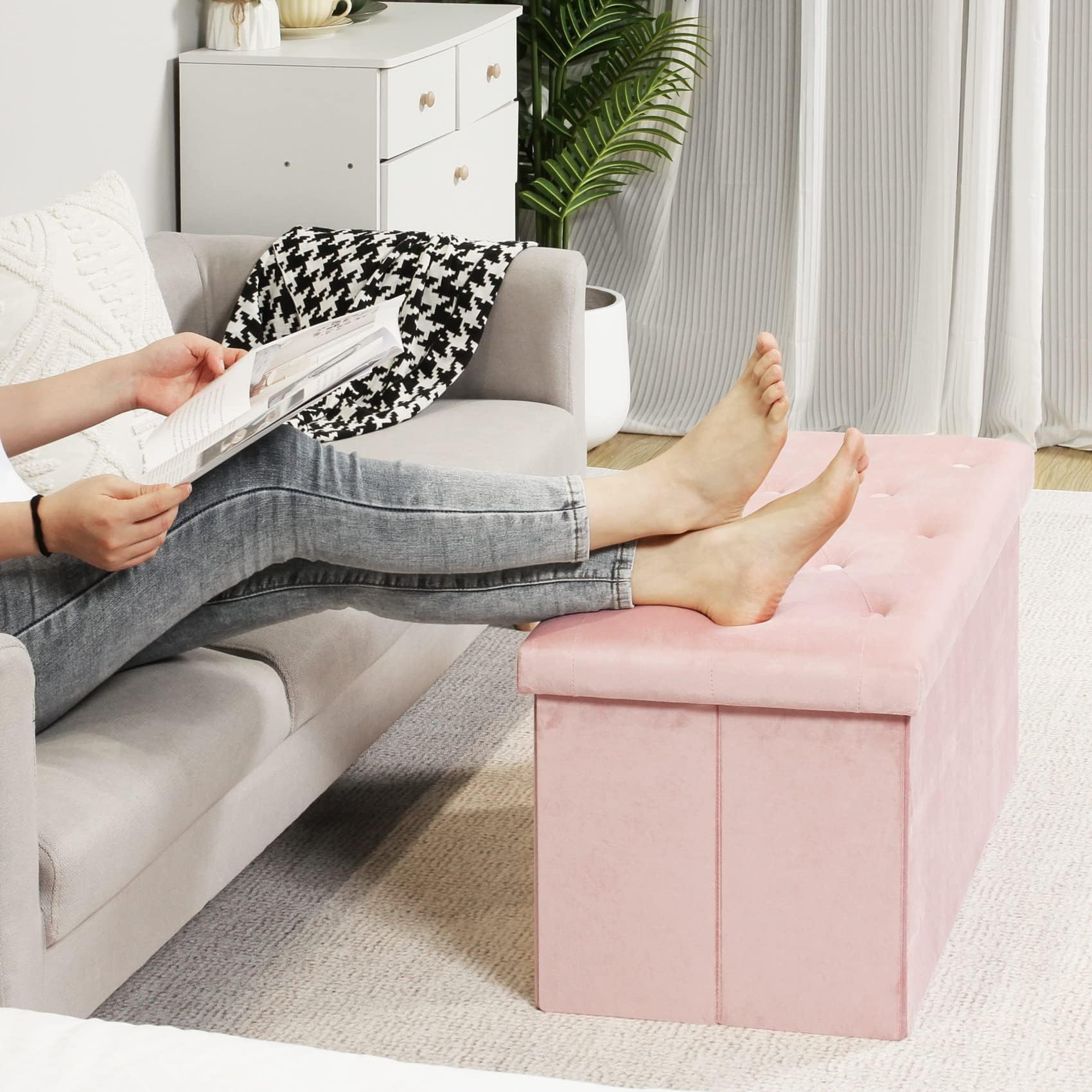 Bonlife Sitzbank mit Stauraum,Faltbarer Hocker,Aufbewahrungsbox Fußhocker Samttuch,Falthocker Sitzbänke Truhen,Rosa,80x40x40cm