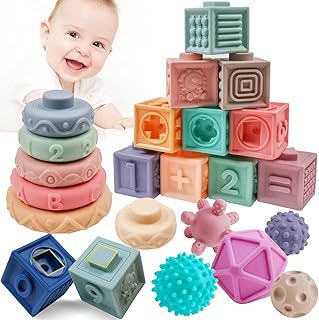 JOCHA Baby Building Stacking Blocks Sensory Montessori Toys for 6 to 18 Months 1-3 Years Toddler Infant Teething Squeeze Learning Educational Bath Baby Toys with Shapes, Numbers, Fruit and Textures