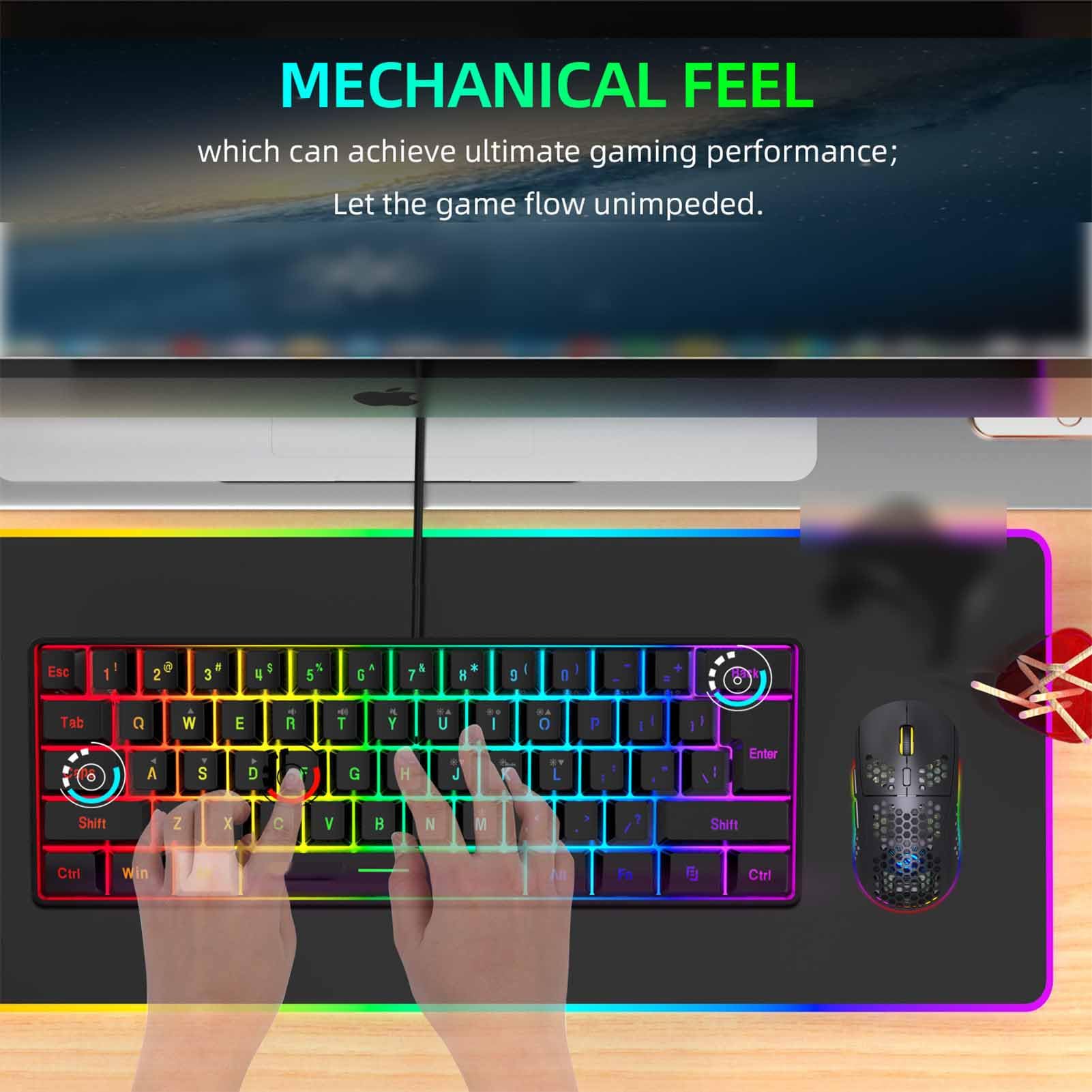 Garsent Tastiera da Gioco Meccanica e Combinazione di Mouse Modello, Retroilluminato RGB Cablato 61Key Anti Ghosting Honeycomb Gaming Mouse 6400 Dpi Ergonomic per i Giocatori di PC (insieme nero)