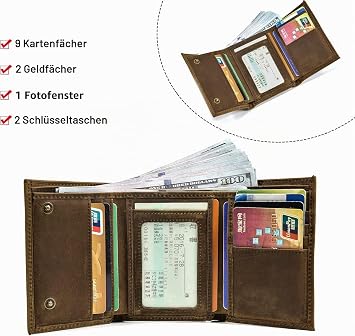 Men's Leather Wallet with Chain Triple Fold Men's Wallet with Note Compartments 9 Card Slots Wallet