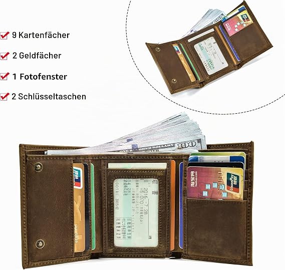 Men's Leather Wallet with Chain Triple Fold Men's Wallet with Note Compartments 9 Card Slots Wallet