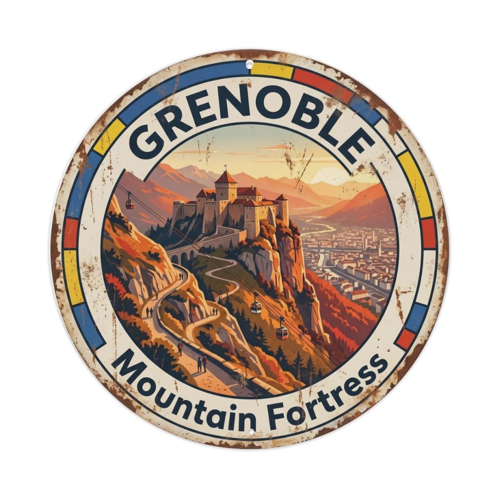Fqcyn Style Vintage Travel Grenoble France Fortress Metal Tin Sign Plaque Wall Decor For Cafe, Club Bar, Office, Home Garden Round Metal Poster 8X8inch