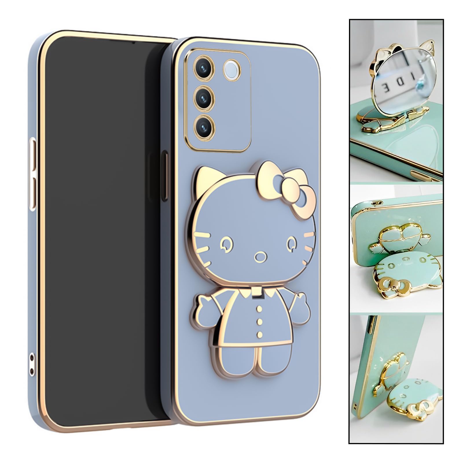 GetTechGo TPU+PC Stand Back Case Cover Compatible For Vivo V27 Pro 5G For Girls|Shockproof|With Kitty Kick Stand&Mirror|Raised Edges|Camera Protection|Cute For Girls ,Blue
