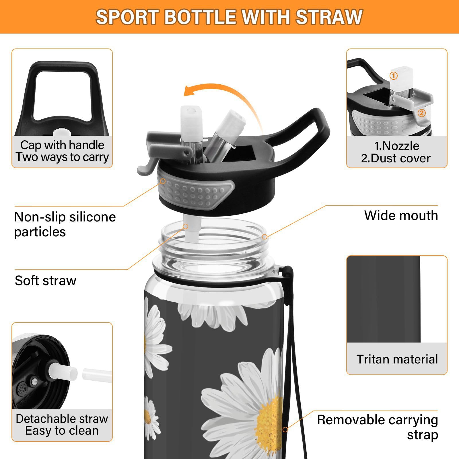 ALAZA Sport-Wasserflasche mit Gänseblümchen-Motiv, schwarzer Hintergrund, mit Strohhalm-Deckel, 900 ml, transparent, BPA-frei, Tritan-Kunststoff, auslaufsichere Krüge, großer Klappverschluss für