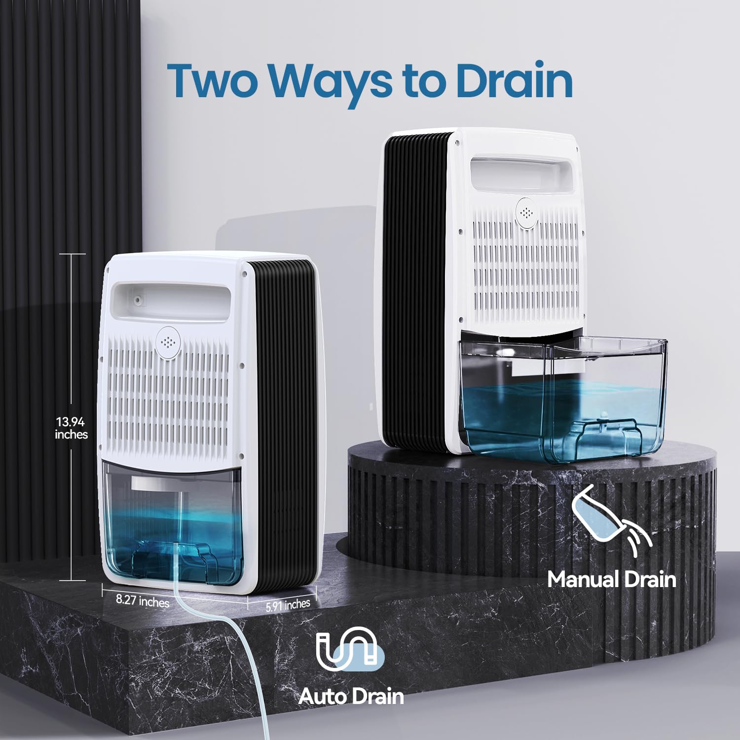 Deumidificatore con tubo di scarico per bagno, 2,7 l, deumidificatori per casa, camera da letto, cantina e camper, con spegnimento automatico, aromaterapia