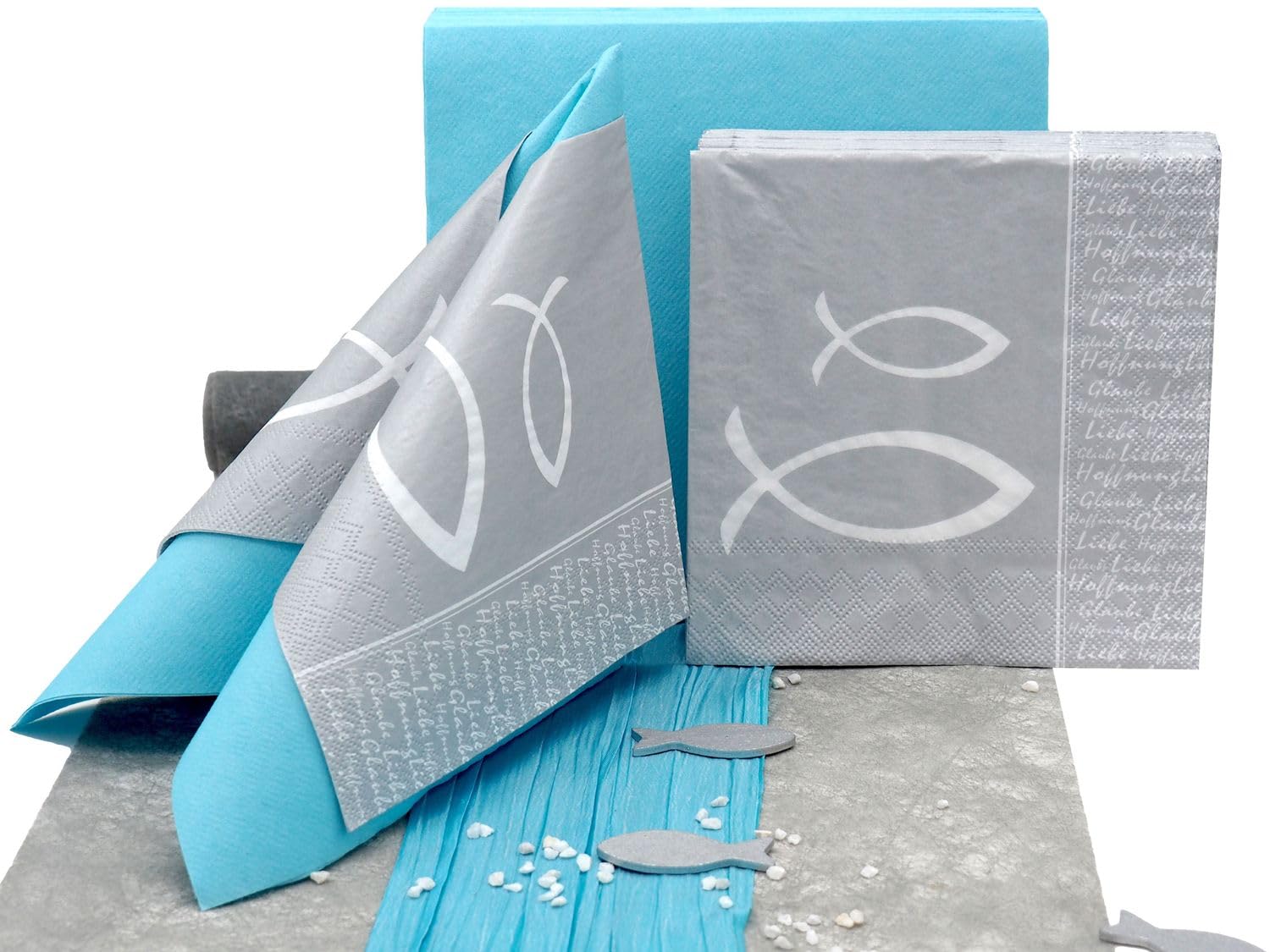 ZauberDeko Tischdeko Kommunion Konfirmation Türkis Blau Silber Grau Weiß Fisch Set 20 Personen