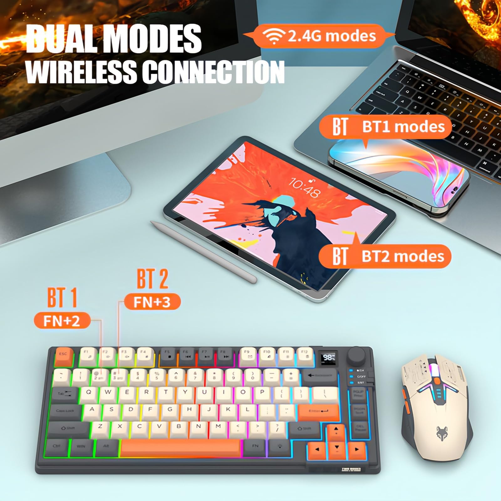 Tastiera e Mouse Wireless Combo con Controllo Volume Doppia Modalità 80 Tasti Schermo Display Colore Luce Ricaricabile Mouse DPI Regolabile per Gaming Computer PC