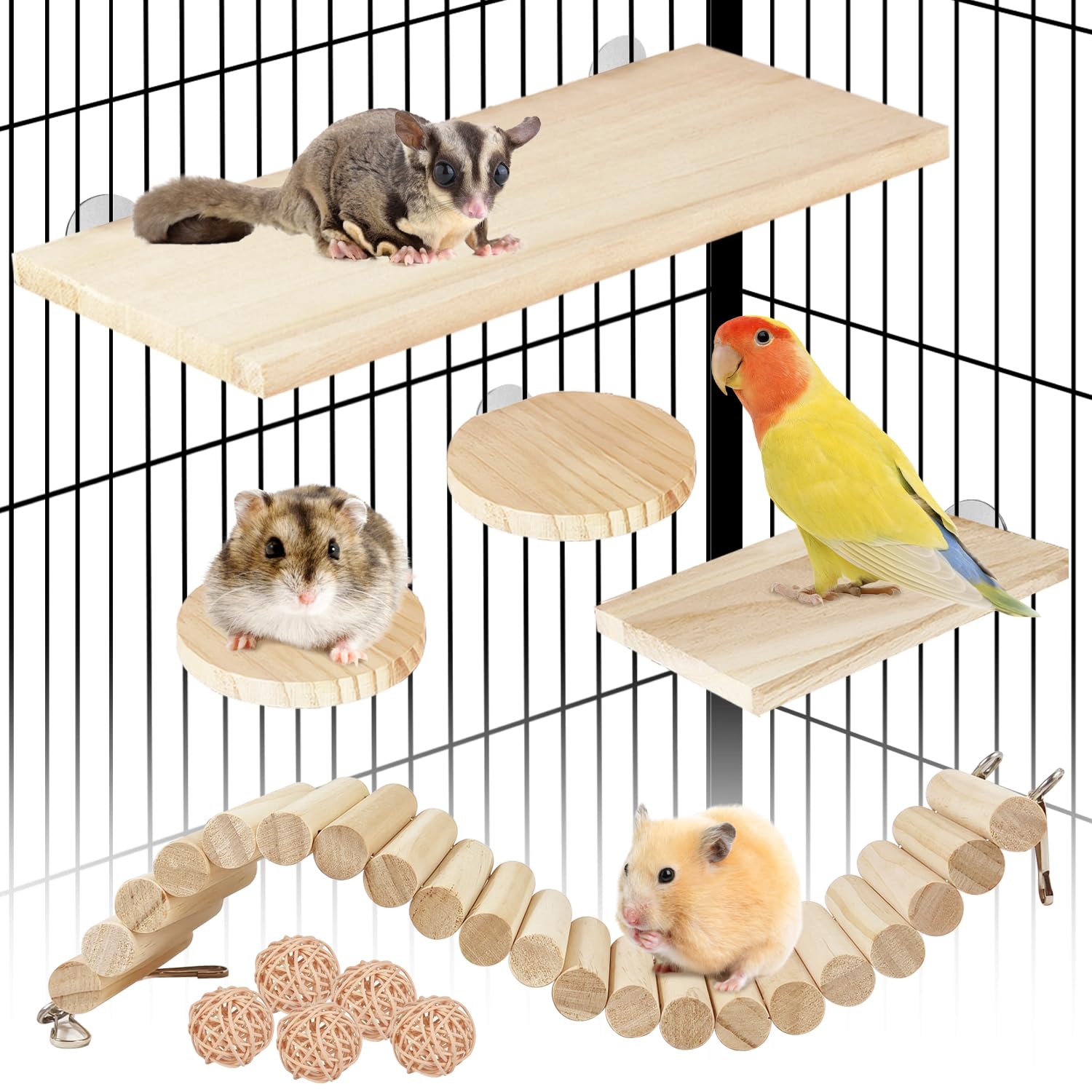 Sysmashing Hamster Suspension Bridge Toy，Small Animal Climbing Toys,Chinchilla Cage Natural Wood Flexible Platform Toy,Suitable for Hamsters,