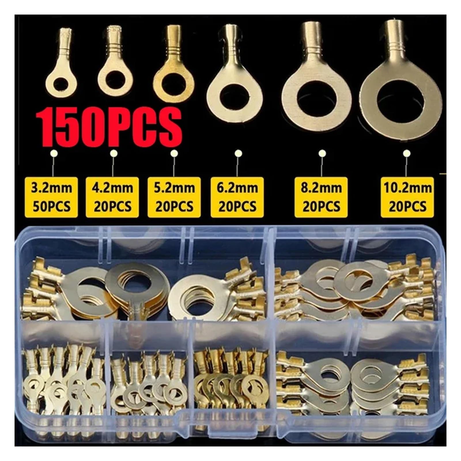 Set mit 150 Ringkabelschuhen, Schnellverbinder, Messing, Crimpklemmen, M3/M4/M5/M6/M8/M10
