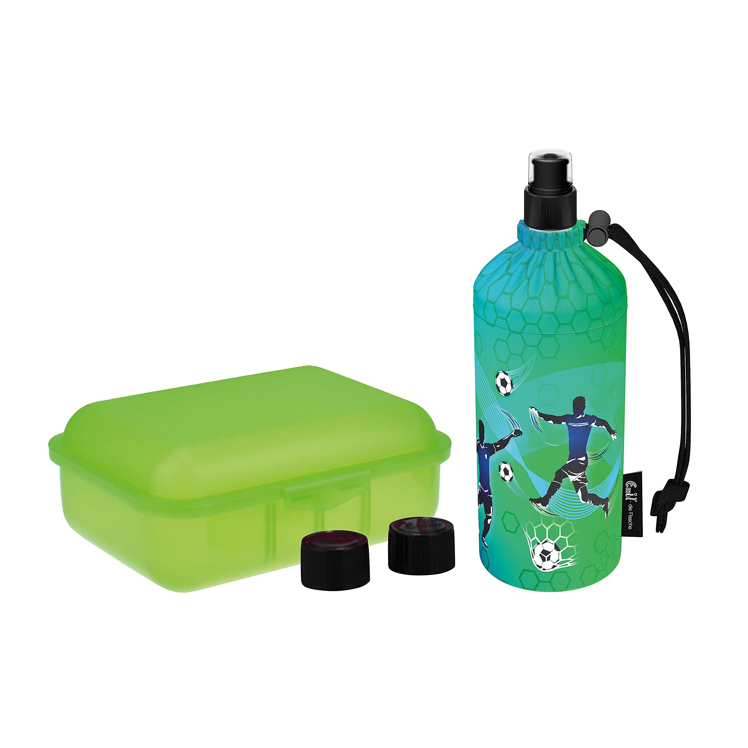 Emil Trinkflasche aus Glas inkl. Brotbox & Ersatzverschlüsse – Starterset zur Einschulung - BPA-frei & schadstofffrei, isolierend – Ziehverschluss für Wasser, Saft & Milch – Goal (0,4l)
