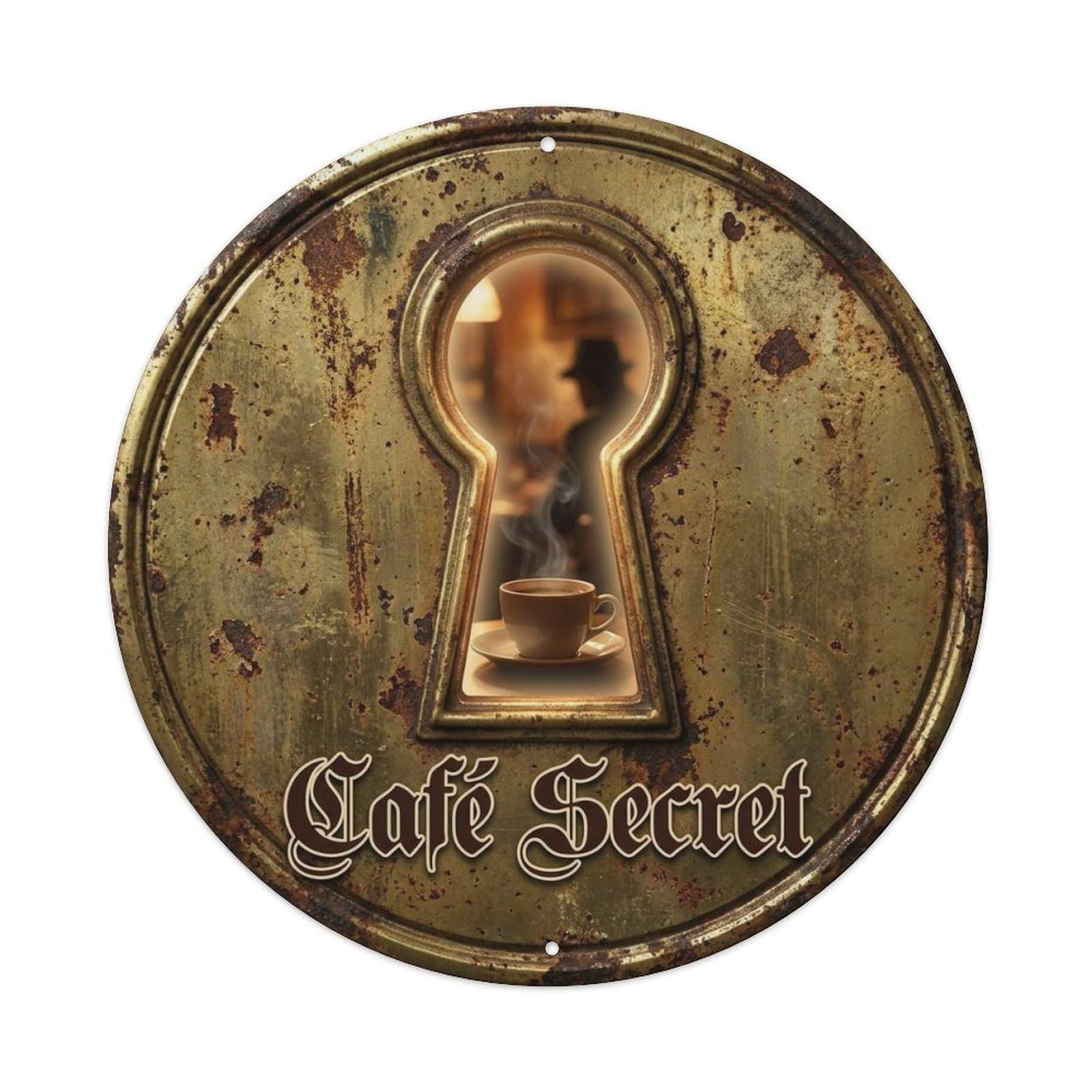 Mystery Coffeehouse Keyhole Cafe Bakery Espresso Bistro Metal Tin Sign Plaque Wall Decor for Cafe, Man Cave, Club Bar, Office, Home Garden Round Metal Poster 8x8Inch