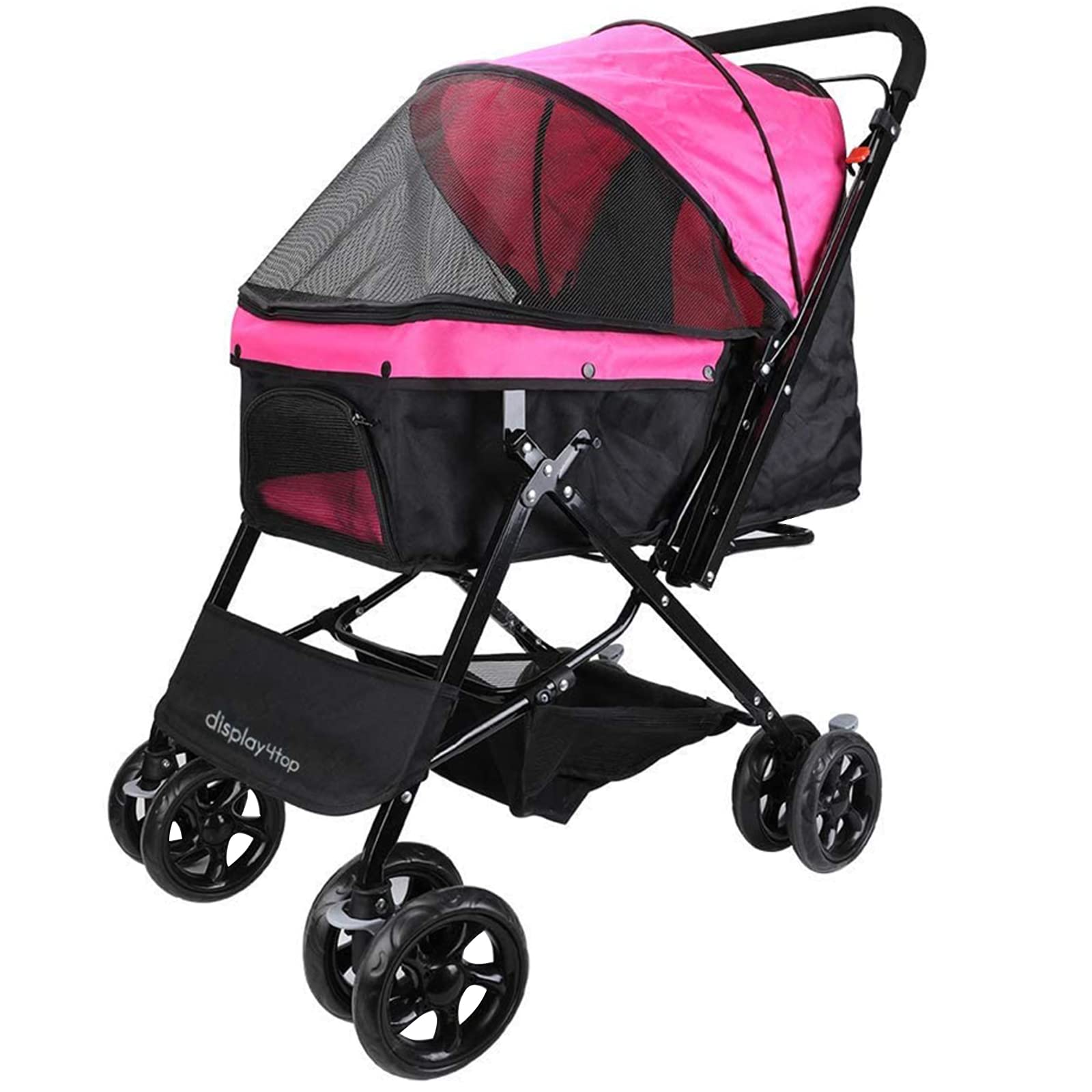 display4top Pink Pet Travel Stroller, Foldable FourWheeled Trolley
