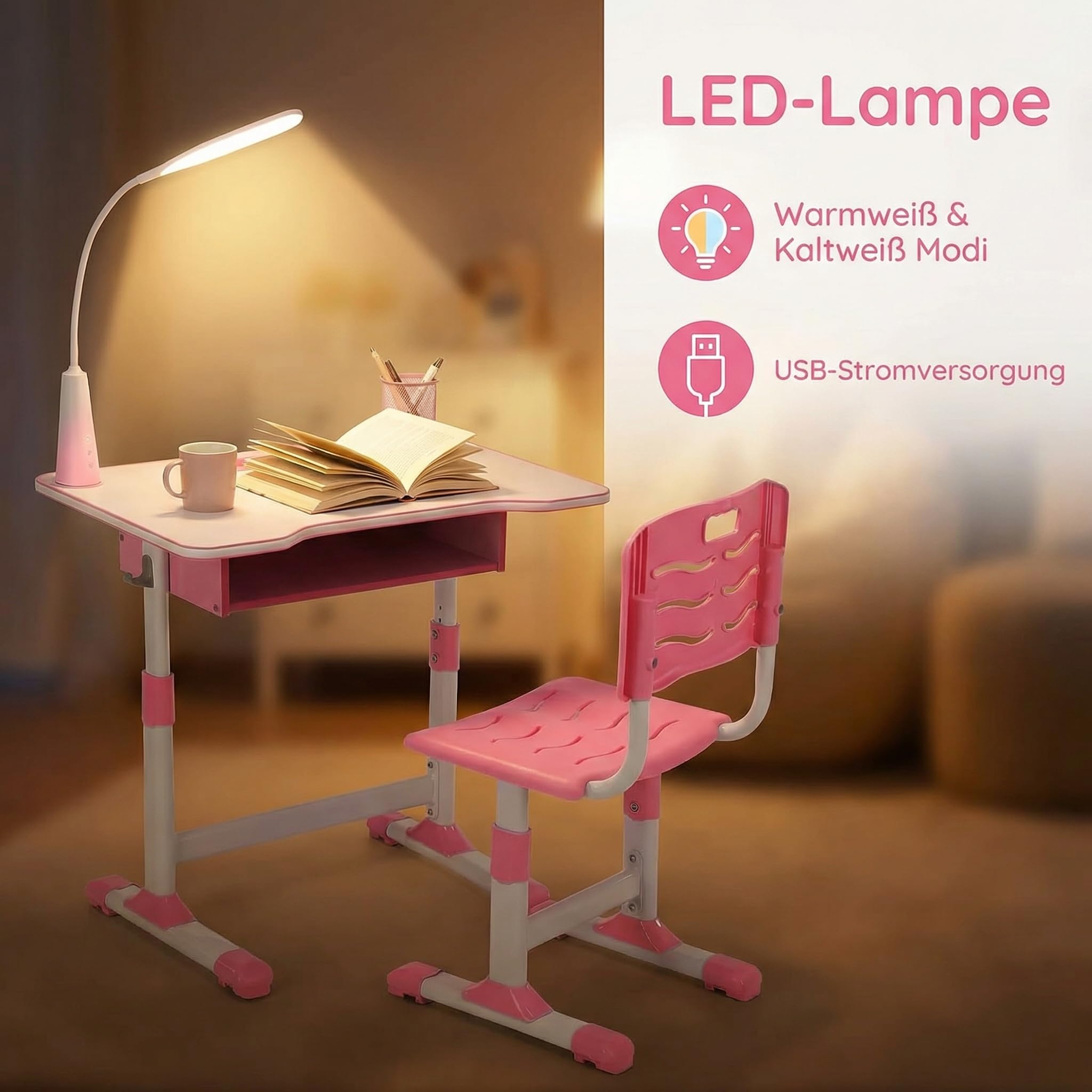 Escritorio para niños, altura regulable, escritorio juvenil, escritorio para estudiantes, mesa de estudiante, soporte para libros, cajón y silla ergonómica de escritorio (rosa)