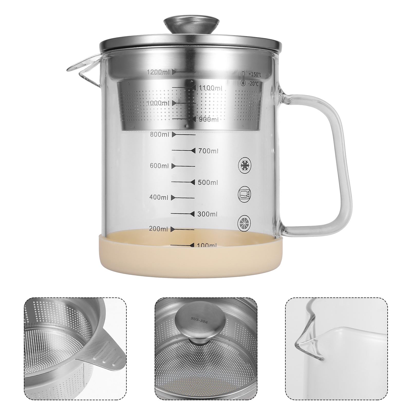 Alasum Fettabscheider 1200ml mit Feinem Sieb aus Glas und Edelstahl Multifunktionaler Küchenbehälter zum Filtern von Sojamilch und Saft für Küche