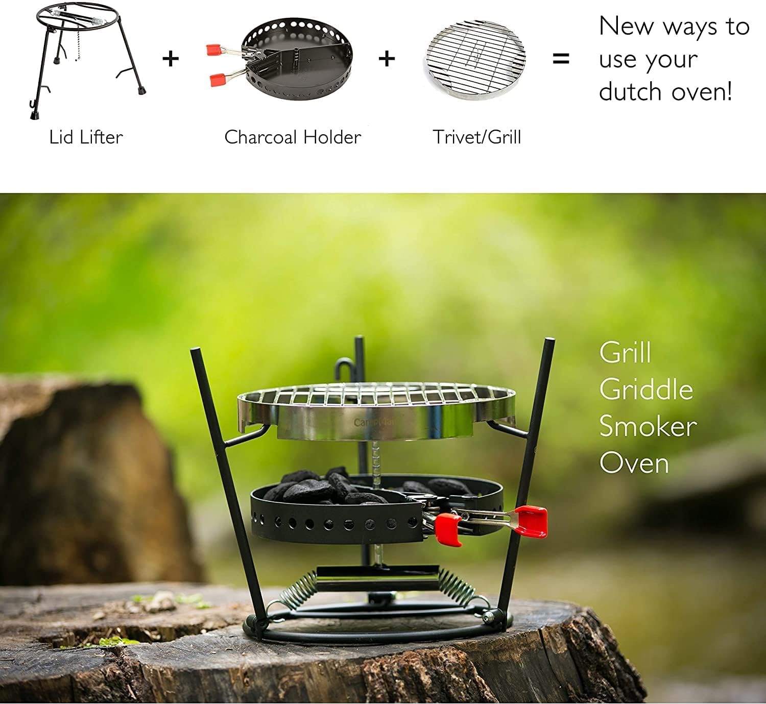 CampMaid Outdoor-Kochset - Dutch Oven und Tools Set - Kohlehalter & Gusseisen Grillzubehör - Camping Grillset - Outdoor Cooking Essentials - Campingküchenausrüstung - (6-teiliges Set)
