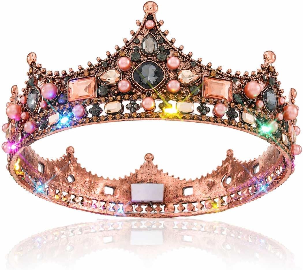 Brishow Light Up Baroque Crowns and Tiaras, Gold Jewels Gemstone Coronas, Costume Headwear for Women