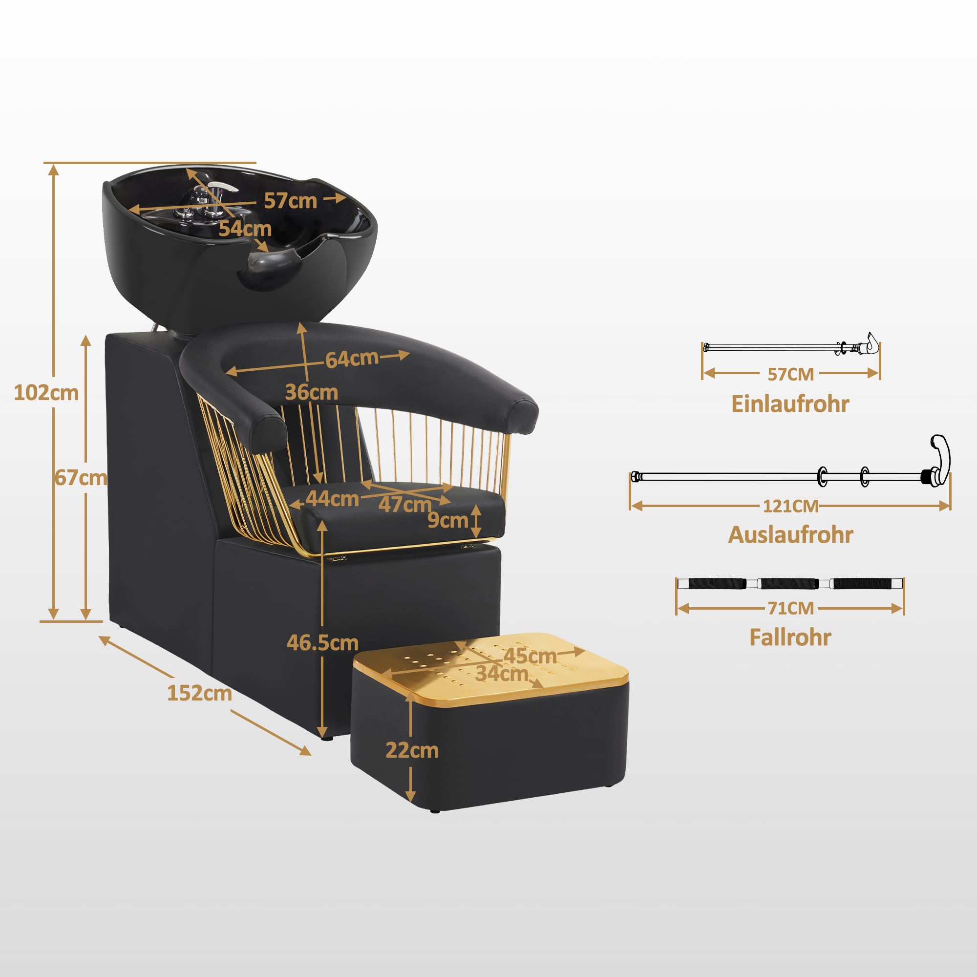 Barberpub Friseurstuhl mit Waschbecken, Friseurwaschbecken aus Keramik Verstellbar, Rückwärtswaschsessel mit Fußhocker, Friseurwaschsessel für SPA Salon, Waschplatz Retro 8037 (Gold-Schwarz/PVC)