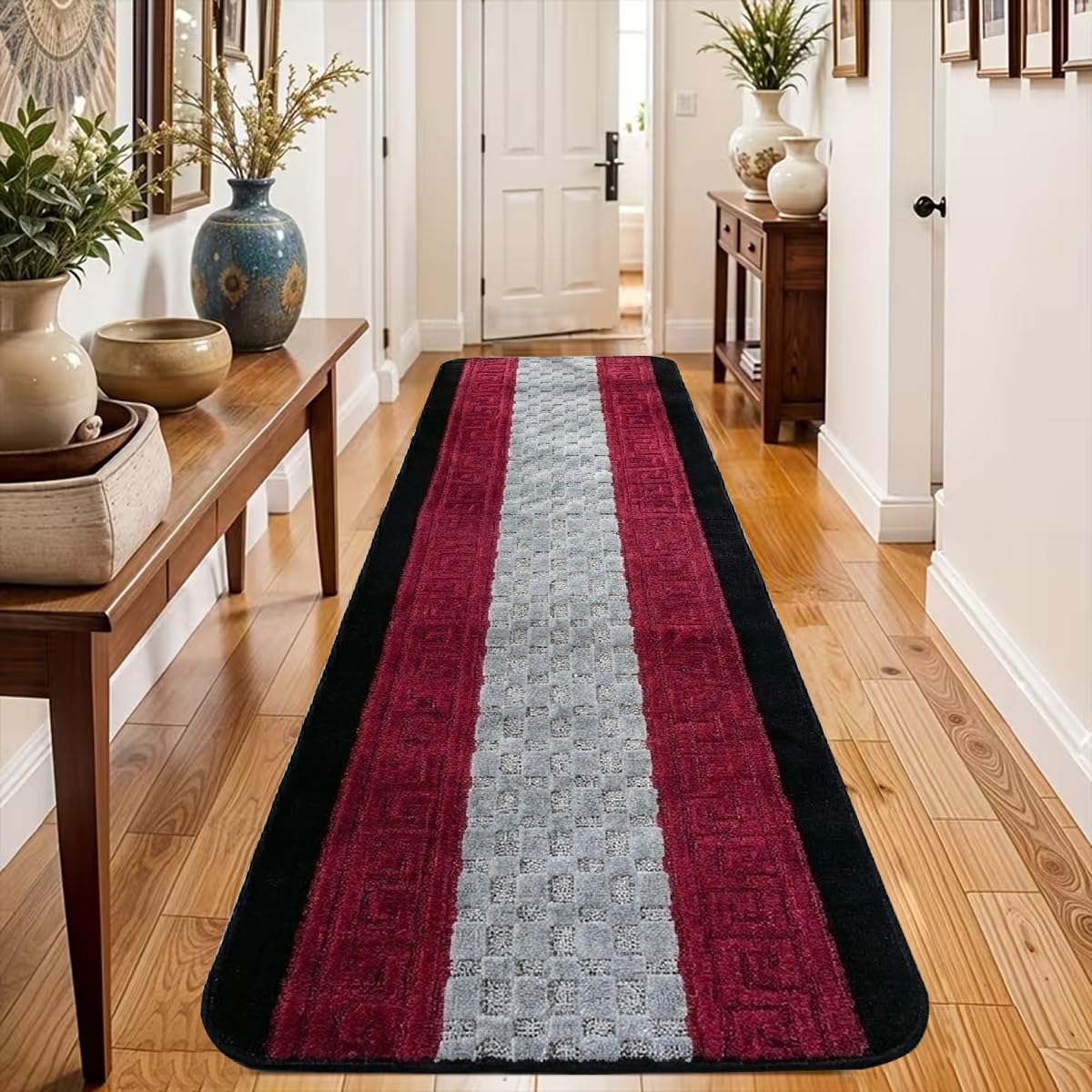 PHP Anti Slip Hallway Carpet Runner Rug, 60 x 220 cm Non-Slip Gel Back Door Runners Rug, Washable Long Enterway Anti Slip Rugs for Living Room and Hallway - Black Red