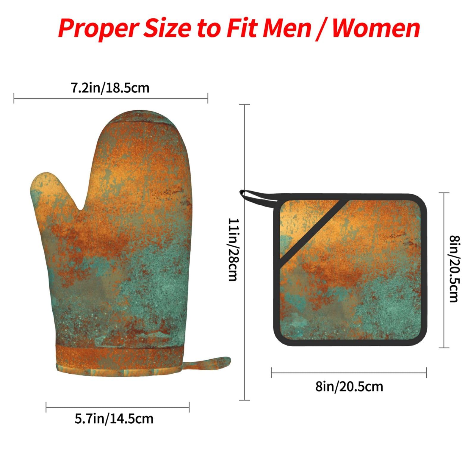 Juego de Cuatro Piezas de Guantes y Manoplas Resistentes al Calor para Hornear, Guantes de Cocina Antideslizantes, Manoplas para Horno, Elegante Acabado metálico con pátina de Cobre Intenso.