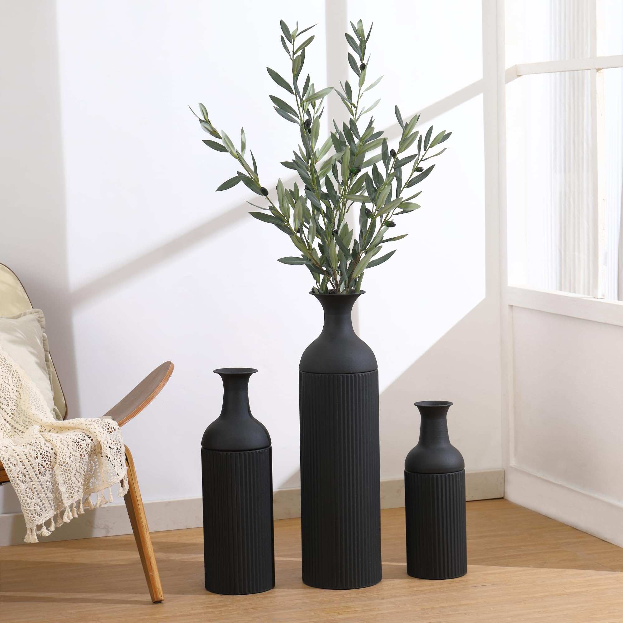Hohe Vasen für den Boden, große Bodenvasen 3er-Set, hohe Blumenvase, Schwarze Metallvase für Wohnzimmer, Eingangsbereich, Büro, Esszimmer, Schlafzimmer, Kamin, Wohnecke