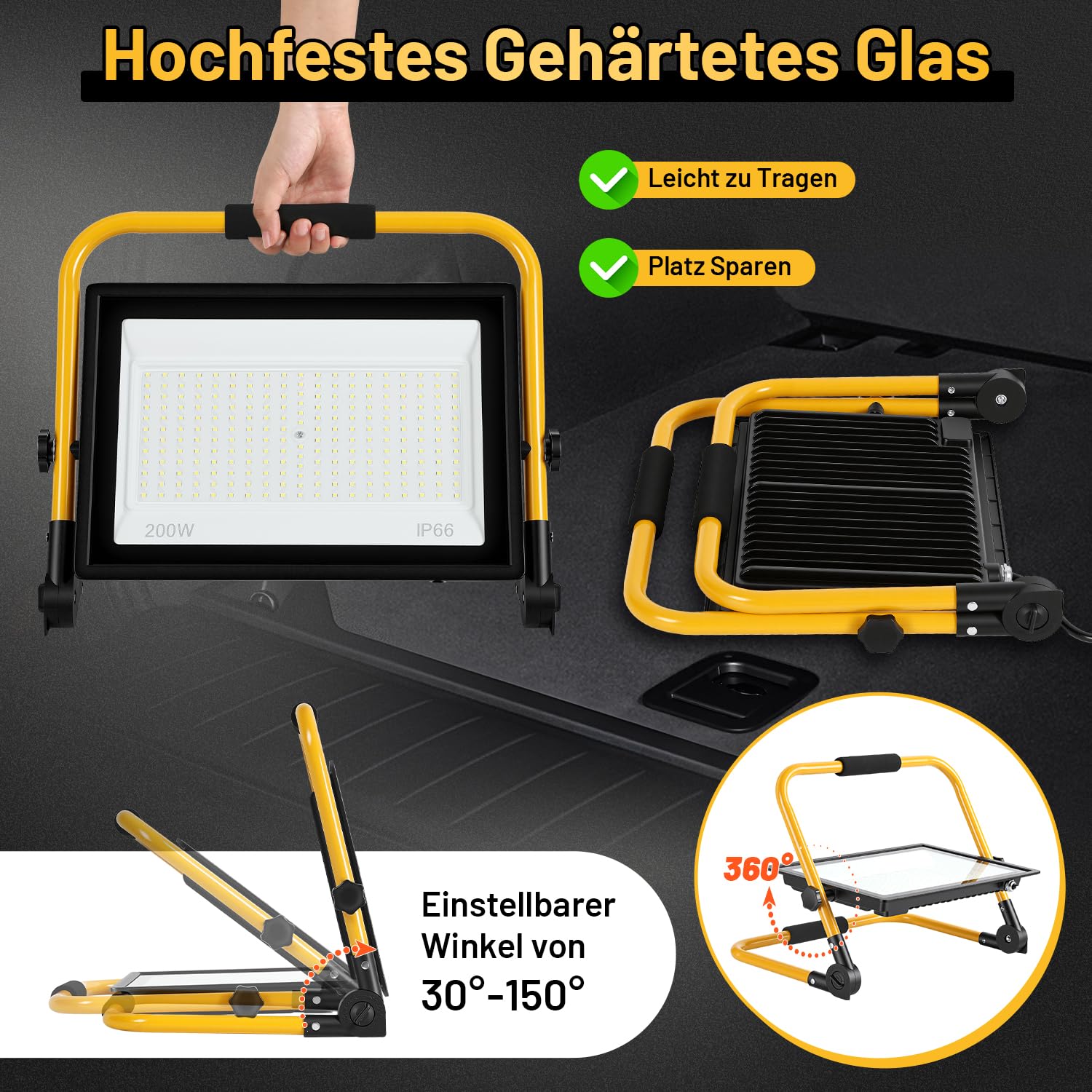 1 x reflektor budowlany LED, 200 W, 12000 lm, IP66, kabel 3 m
