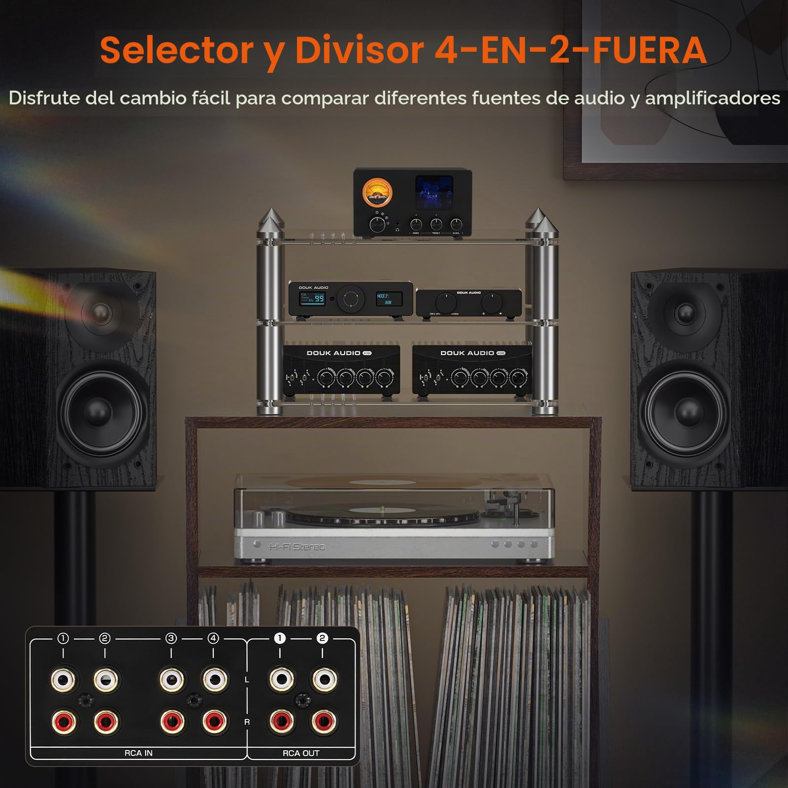 Preamplificador de válvulas Douk Audio TUBE-T5C: Amplificador de auriculares con medidor VU, selector RCA de 4 vías y control de sonido para receptor, amplificador, altavoz y auriculares de 16-600 Ω.