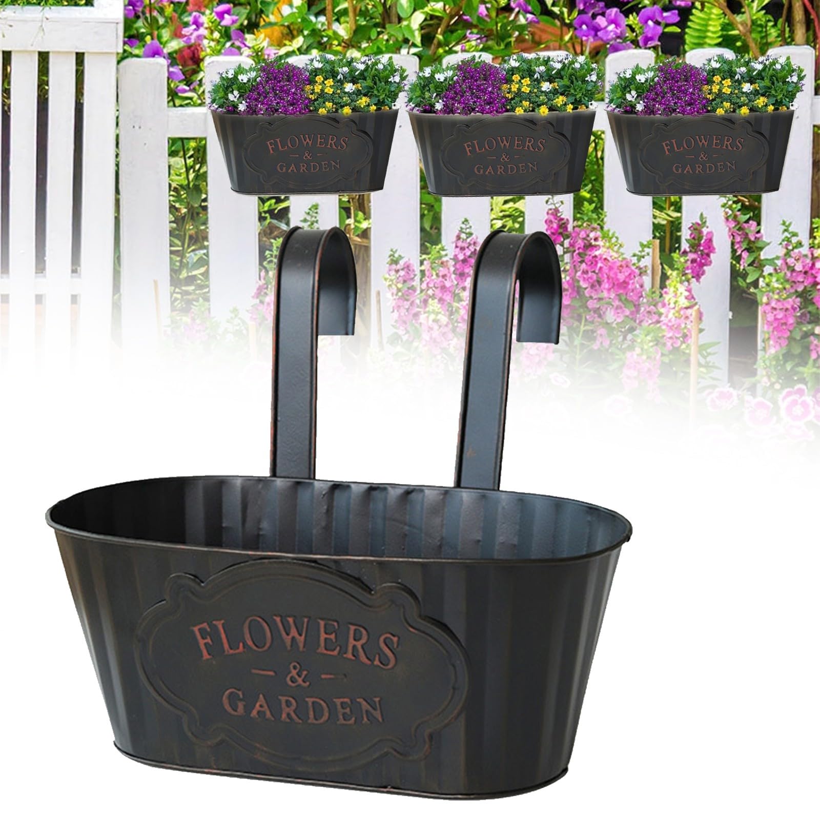 Metal Hanging Flower Pots, Fence Hanging Planters Flower Pots Holder, Vase Bucket Fence Pot Garden Planter with Hook,Balcony Home Garden Decor,Spring Summer Decorations for Home