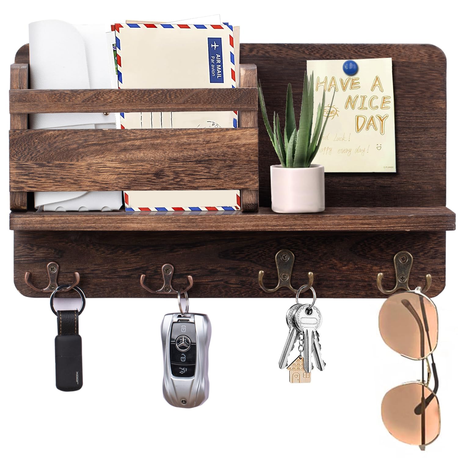 Hanging Jewelry Organizer Wall Mount with Rustic Wood Shelf, Ring Display Box, Ear Studs Earring Holder, Rotating Necklace Holder, Brown