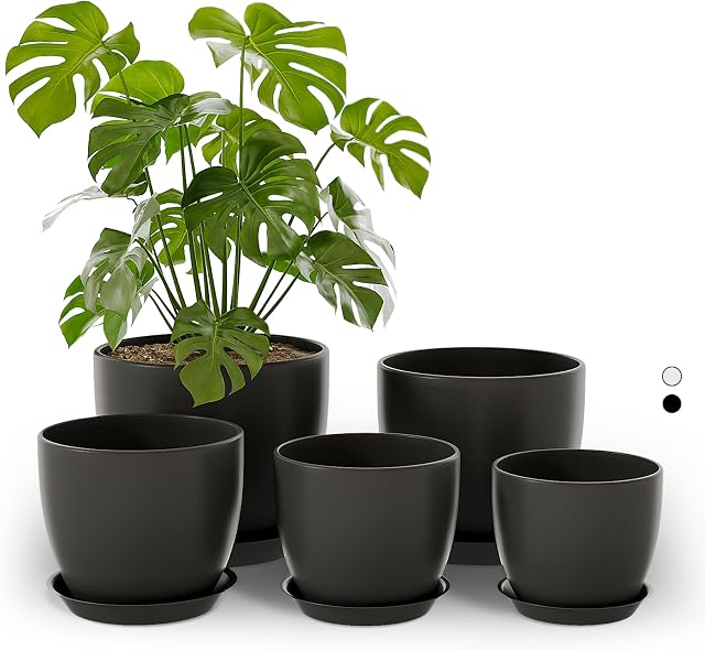 Bamworld 5 Emballage de pots de plantes intérieurs avec trous de drainage et des soucoupes - Pots de fleurs multi-dimensions pour l'intérieur extérieur Pot de plantes en plastique pour la maison de jardinage des contenants (noir)