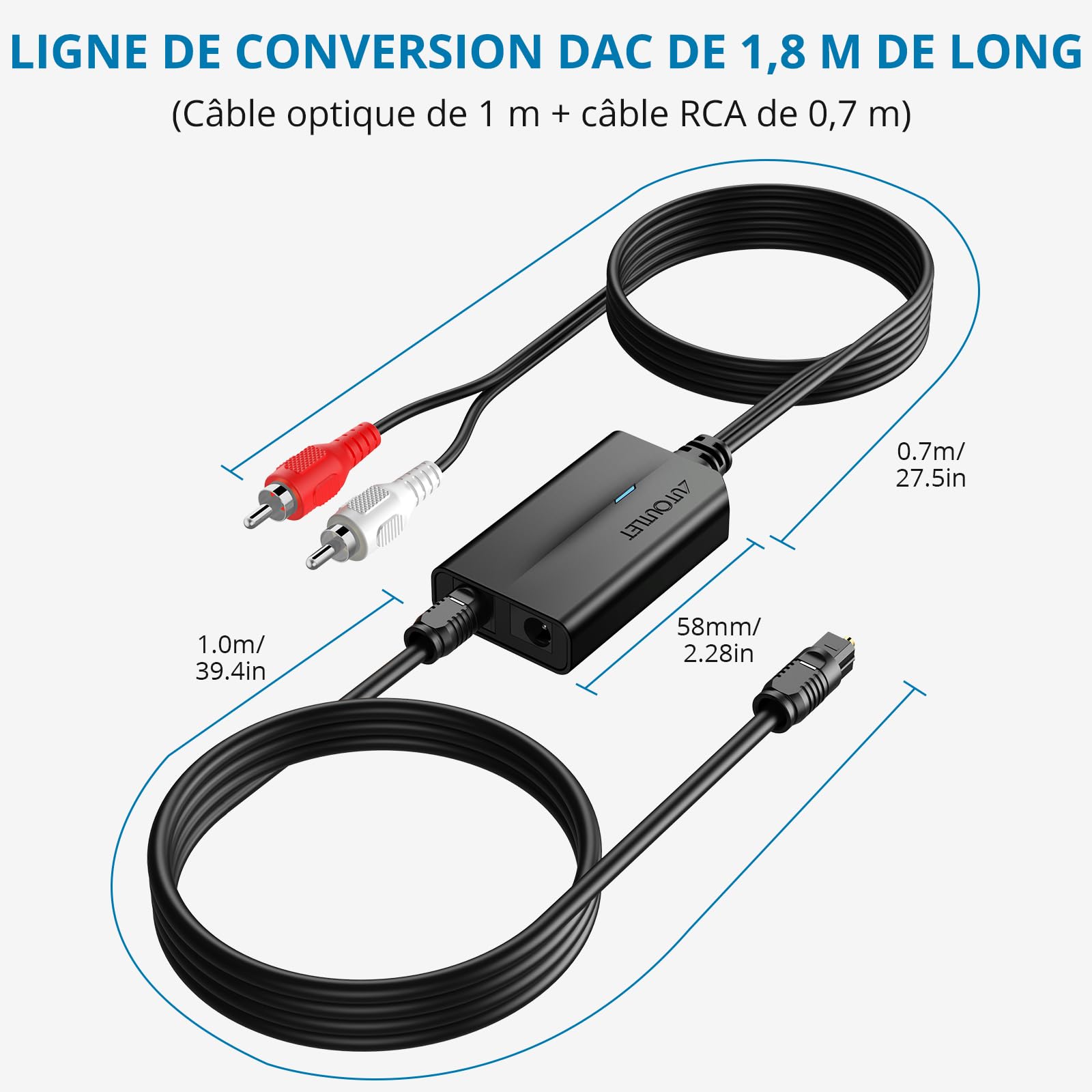 AUTOUTLET Convertisseur Audio Numérique Analogique 192kHz DAC Coaxial Optique SPDIF vers RCA Câble 0,8m + 1m pour HDTV DVD Blu-ray Sky