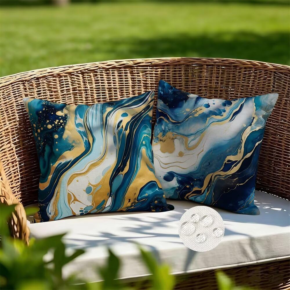 Federe Cuscini da Esterno Impermeabili 65x65 Blu Copri Cuscini per Divano Marmo Federa Cuscino Astratto Decorativi Copricuscini per Divano Giardino Patio Soggiorno Copricuscino Set di 2 (IU325)